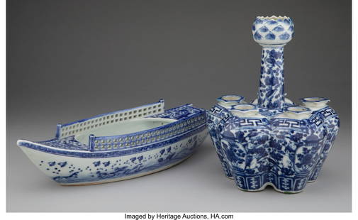 Two Chinese Blue and White Table Articles 9 x 7: Two Chinese Blue and White Table Articles 9 x 7 inches (22.9 x 17.8 cm) (tallest) The group comprising: 1 garlic-mouth lotus vase; 1 boat-form