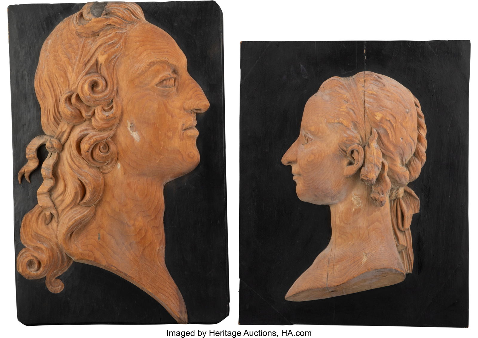 A Pair of Carved Wood Plaques: Louis XVI and Mar: A Pair of Carved Wood Plaques: Louis XVI and Marie Antoinette, 19th century Marks one: 2 18 x 12 x 1 inches (45.7 x 30.5 x 2.5 cm) (longest)