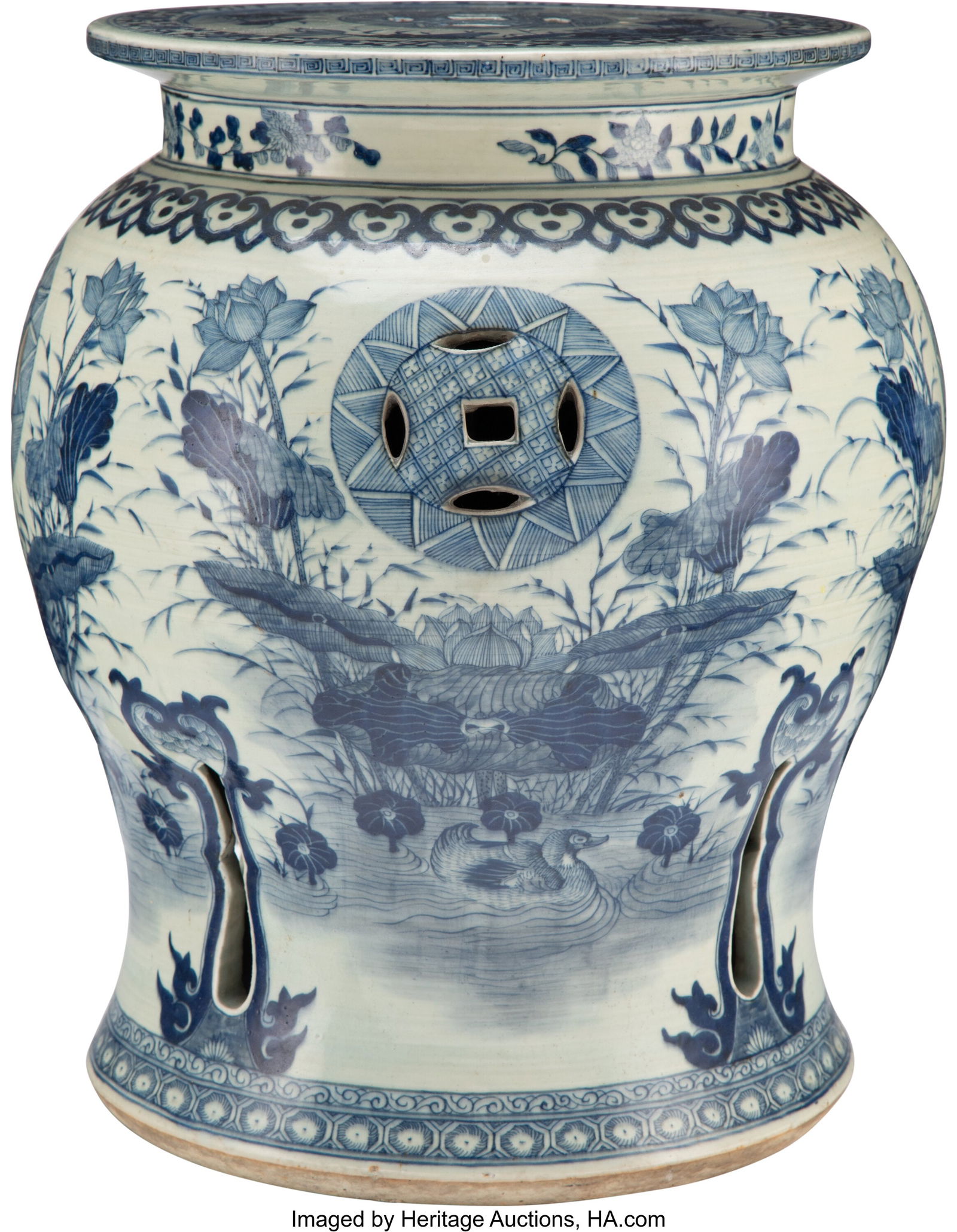 A Chinese Blue and White Garden Seat, 20th centu: A Chinese Blue and White Garden Seat, 20th century 17 x 11 inches (43.2 x 27.9 cm) Property from the Estate of Mr. and Mrs. Robert Morris Graham Sr.&