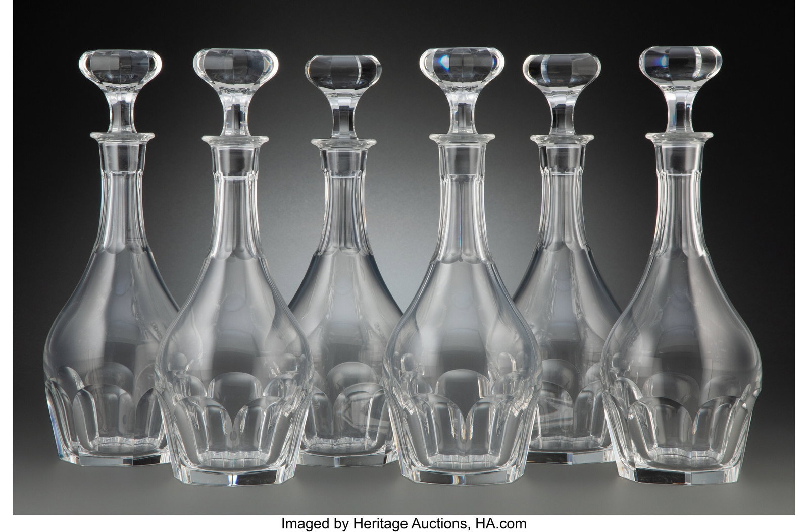 A Collection of Six Baccarat Glass Malmaison Dec: A Collection of Six Baccarat Glass Malmaison Decanters, 20th century Marks: BACCARAT, (goblet-decanter-cup), FRANCE 12 x 4 x 4 inches (30.5 x 10.2 