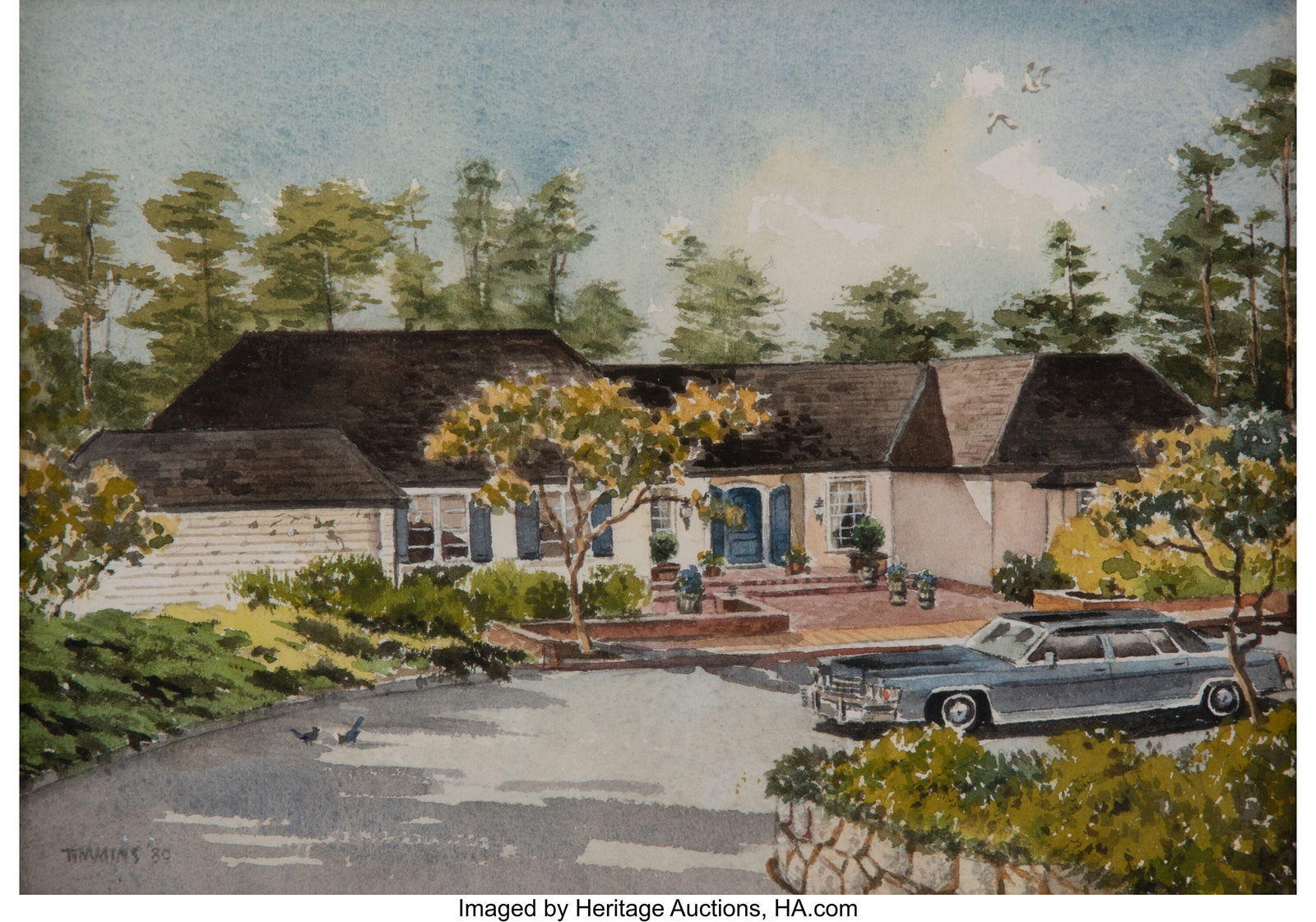 William Frederick Timmins (American, 1915-1985): William Frederick Timmins (American, 1915-1985) Pebble Beach house, 1980 Watercolor on paper 7 x 10 inches (17.8 x 25.4 cm) (sight) Signed and d