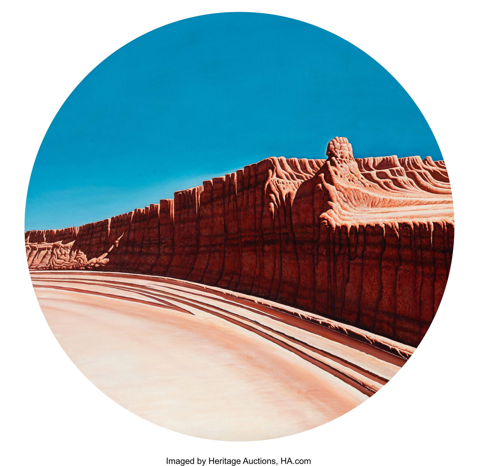 Woody Gwyn (American, b. 1944) Arroyo Tondo Oil: Woody Gwyn (American, b. 1944) Arroyo Tondo Oil on canvas 48 inches (121.9 cm) (diameter) Signed lower right: Gwyn PROVENANCE: Private col