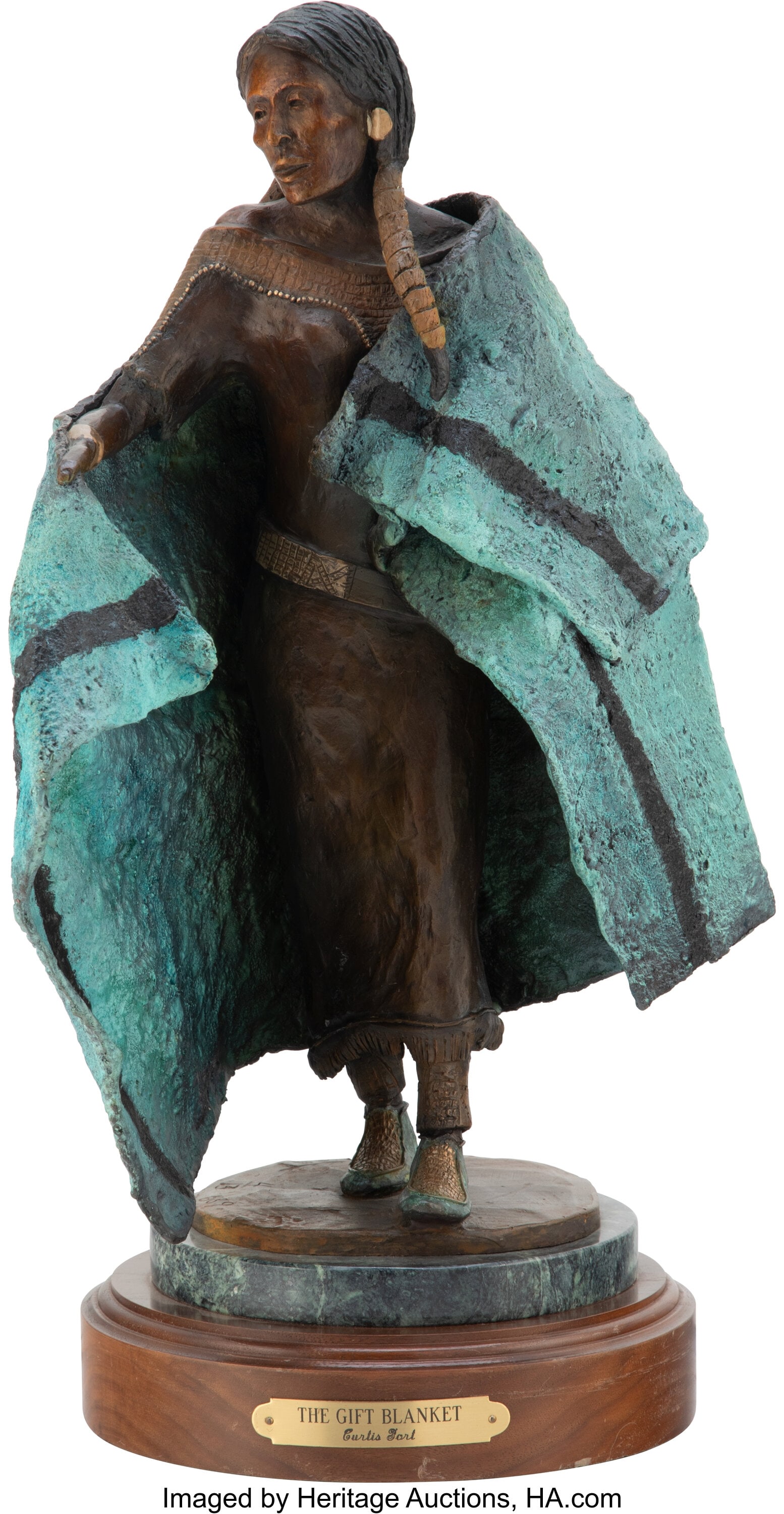 Curtis Fort (American, b. 1949) The Gift Blanket: Curtis Fort (American, b. 1949) The Gift Blanket, 1989 Bronze with brown patina and polychrome 14-1/2 inches (36.8 cm) high on 2-3/4 inches (