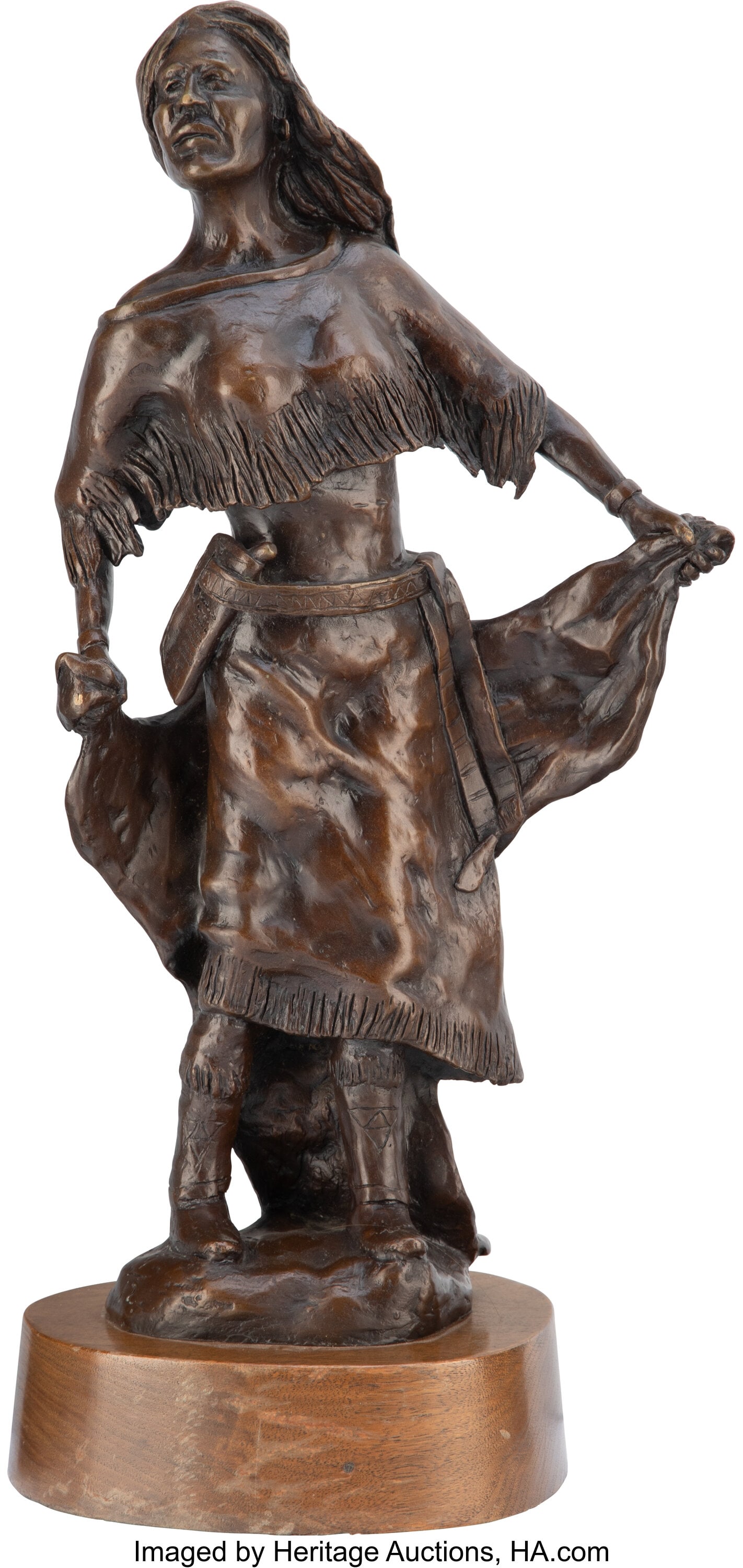 Curtis Fort (American, b. 1949) Native American: Curtis Fort (American, b. 1949) Native American Woman Bronze with brown patina 14 inches (35.6 cm) high on 2 inch (5.1 cm) high wood base Ed&pe