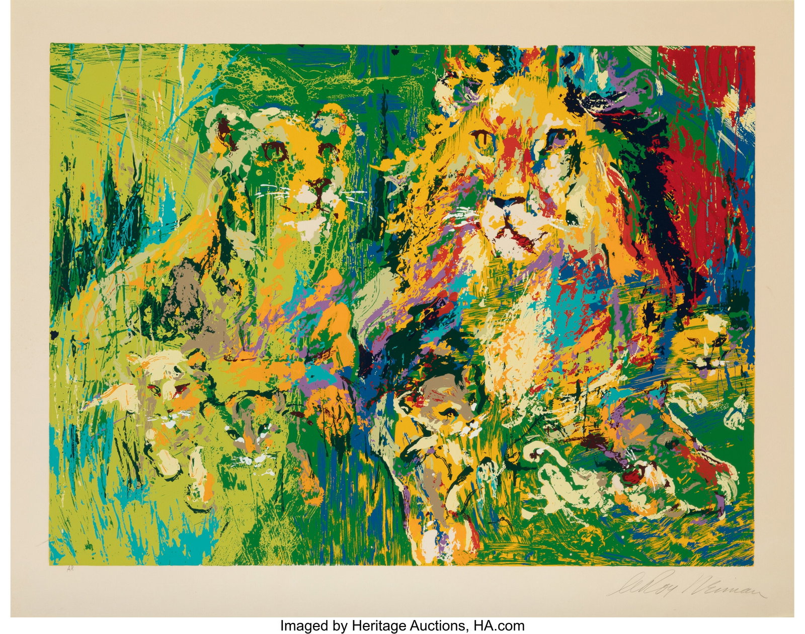 LeRoy Neiman (American, 1921-2012) Lion Family, : LeRoy Neiman (American, 1921-2012) Lion Family, 1972 Serigraph in colors on wove paper 28-1/2 x 36-1/2 inches (72.4 x 92.7 cm) (sight) A