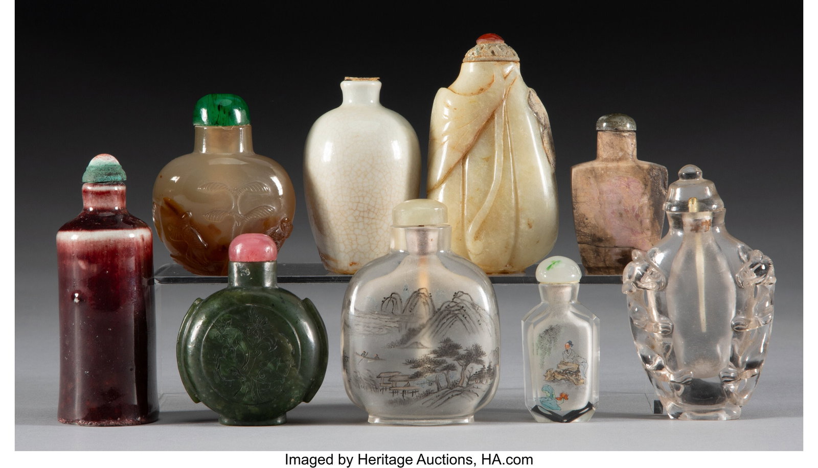 A Group of Nine Chinese Snuff Bottles Marks to t: A Group of Nine Chinese Snuff Bottles Marks to tallest: (four-character marks) 3 inches (7.6 cm) (tallest) The group comprising: 2 inside painted;