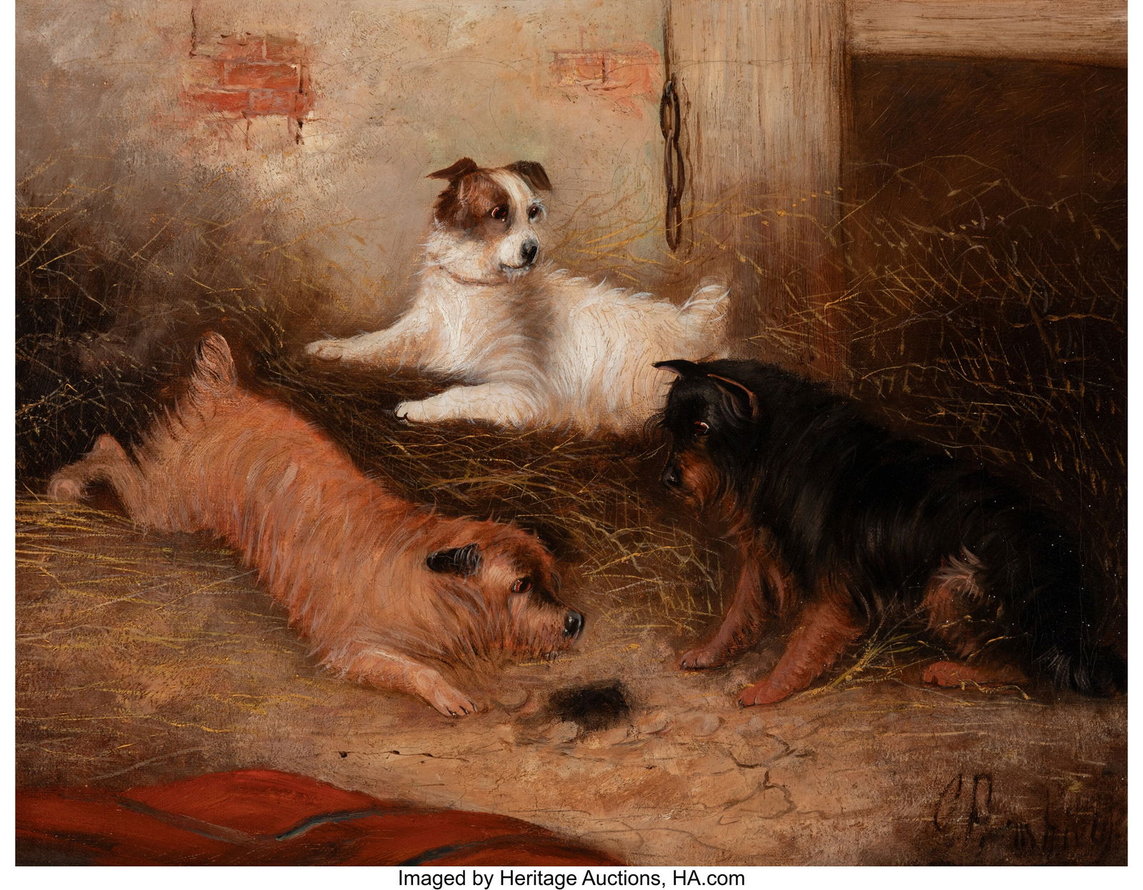 George Armfield (British, 1808-1893) Terriers ra: George Armfield (British, 1808-1893) Terriers ratting in a stable Oil on canvas 14-1/4 x 18 inches (36.2 x 45.7 cm) Signed lower right: G. Armf