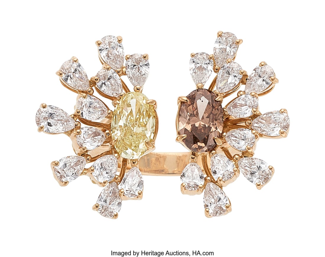 Crivelli Colored Diamond, Diamond, Gold Ring St: Crivelli Colored Diamond, Diamond, Gold Ring Stones: Oval-shaped colored diamonds weighing a total of approximately 2.50 carats; pear-shaped near colorless diamonds weigh