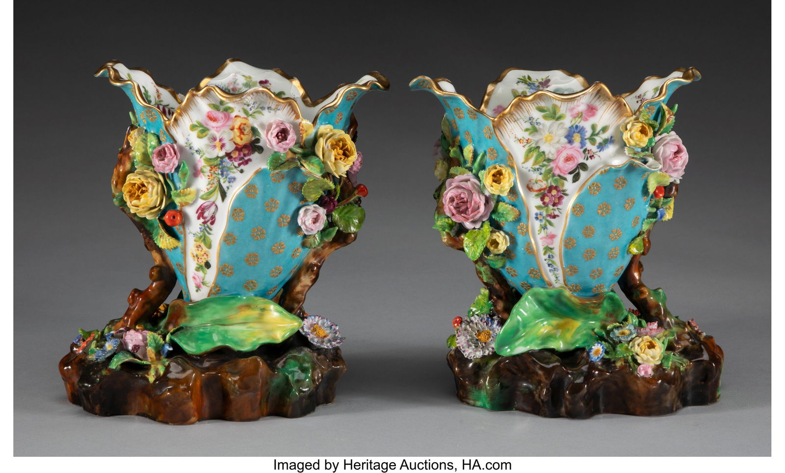 A Pair of Jacob Petit Partial Gilt and Enameled: A Pair of Jacob Petit Partial Gilt and Enameled Porcelain Vases, mid-19th century Marks: JP 7-1/4 x 7 x 5-7/8 inches (18.4 x 17.8 x 14.9 cm) (ea
