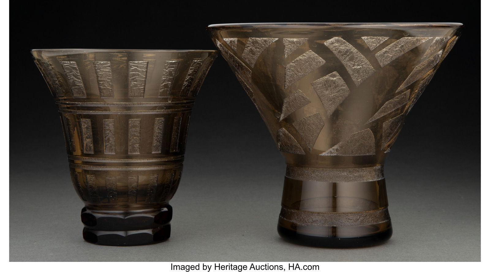 Two Daum Acid-Etched Topaz Art Deco Glass Vases, (1 of 4)