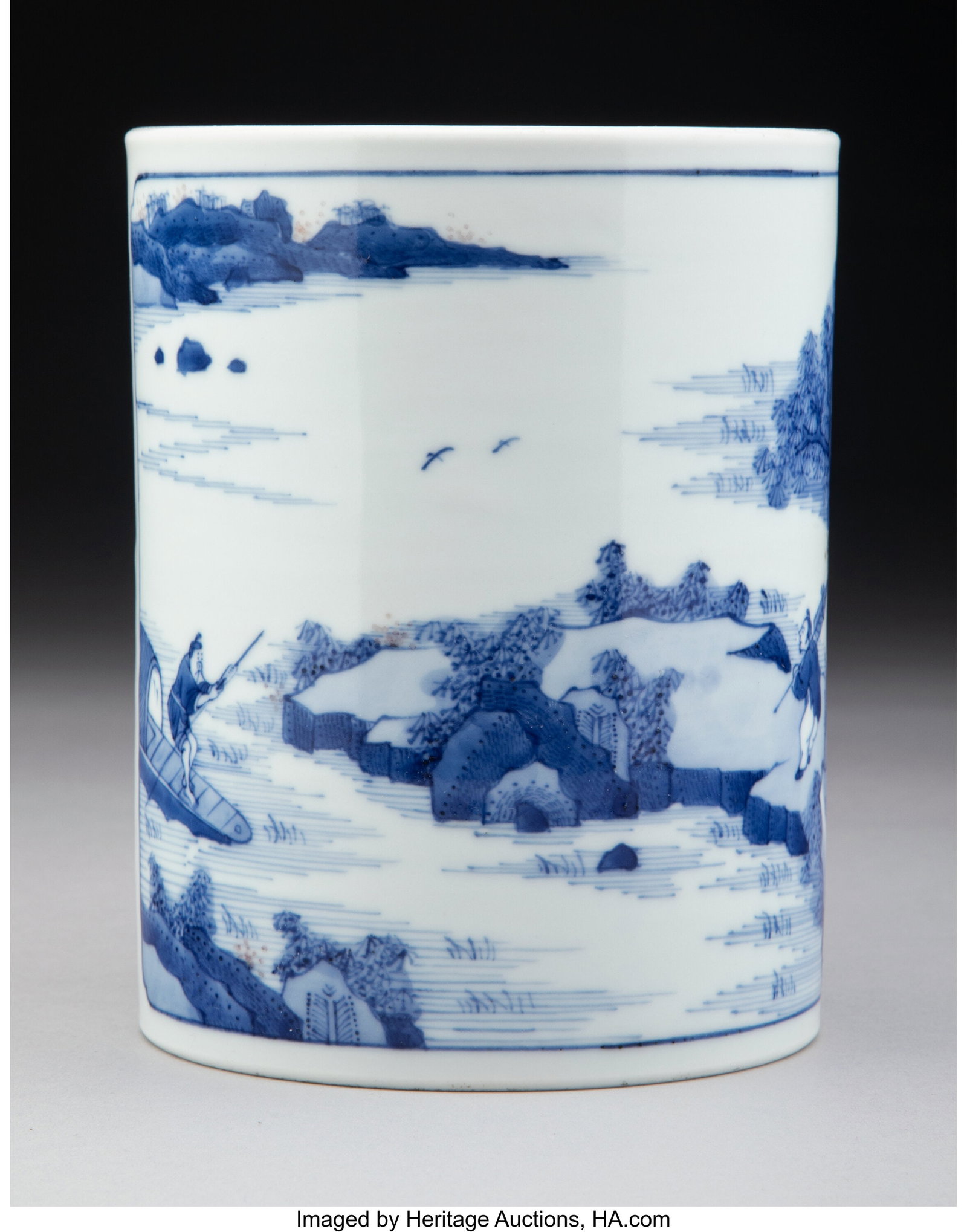 A Chinese Blue and White Brush Pot, 20th century: A Chinese Blue and White Brush Pot, 20th century Marks: four-character mark 5-3/4 x 4-1/2 x 4-1/2 inches (14.6 x 11.4 x 11.4 cm) HID03101062020 &