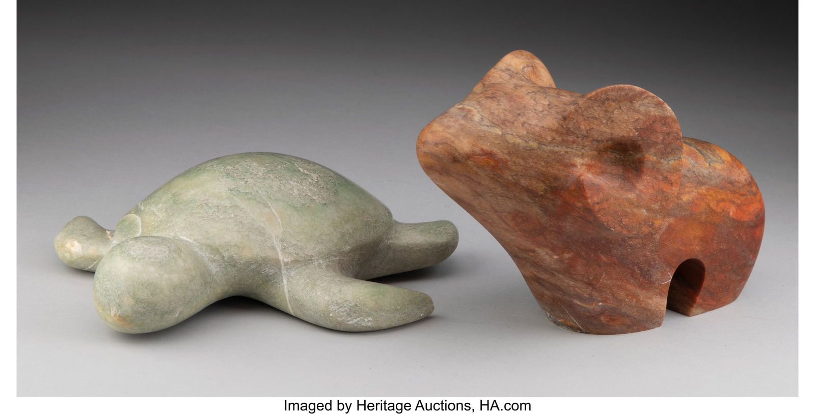 Two Carved Hardstone Fetishes Fred Begay and Jad: Two Carved Hardstone Fetishes Fred Begay and Jade Begay 2000 Inscribed to each respectively: Fred Begay 2000 ; Jade Begay / (butterfly) / 2000 5 x 4-3/4 inches (1
