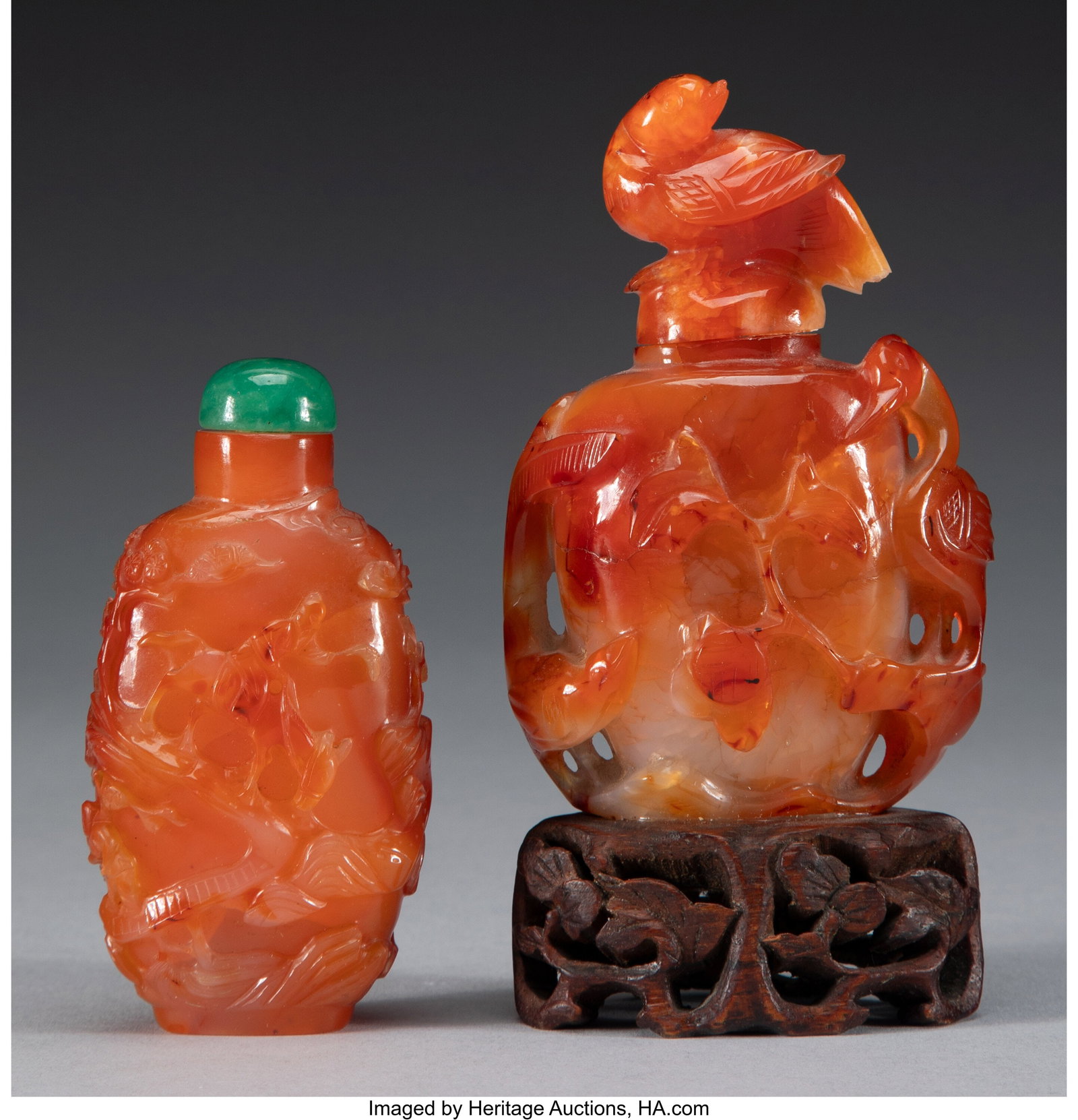 Two Chinese Carved Carnelian Snuff Bottles, 20th: Two Chinese Carved Carnelian Snuff Bottles, 20th century 3-3/4 x 2-1/2 x 1-1/4 inches (9.5 x 6.3 x 3.2 cm) (tallest) HID03101062020 © 20