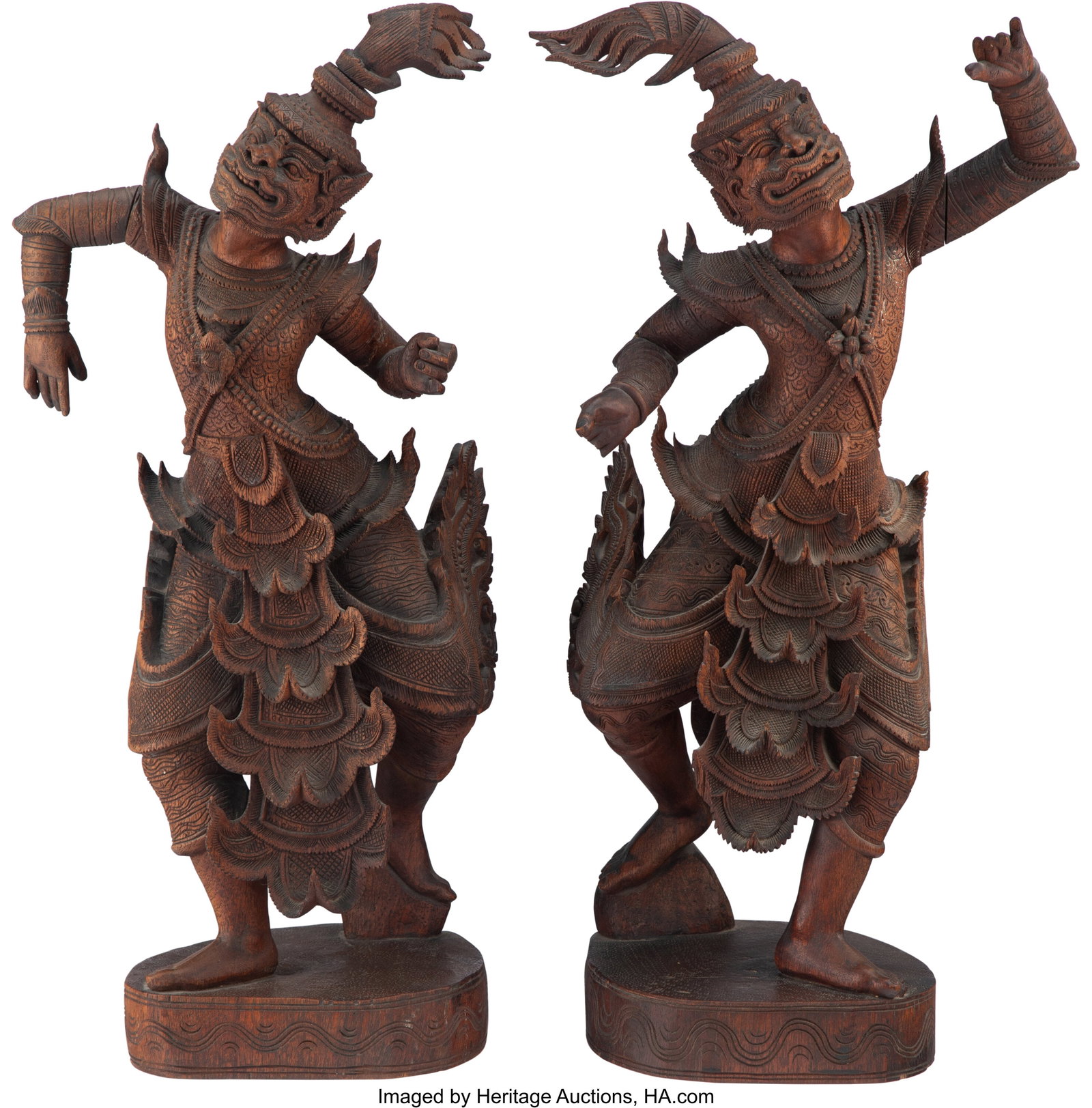 A Pair of Thai Carved Wood Khon Dancers 27 x 10 : A Pair of Thai Carved Wood Khon Dancers 27 x 10 inches (68.6 x 25.4 cm) (each) HID03101062020 © 2024 Heritage Auctions | All Rights Reserved
