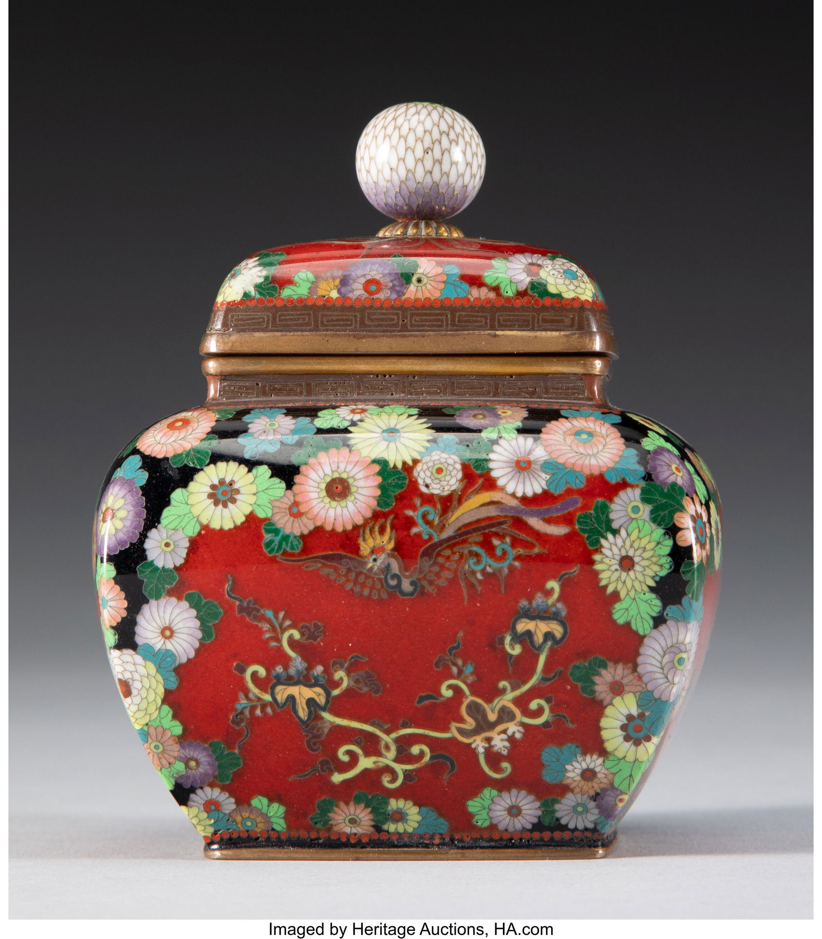 A Japanese Red-Ground Cloisonne Jar with Cover, (1 of 3)