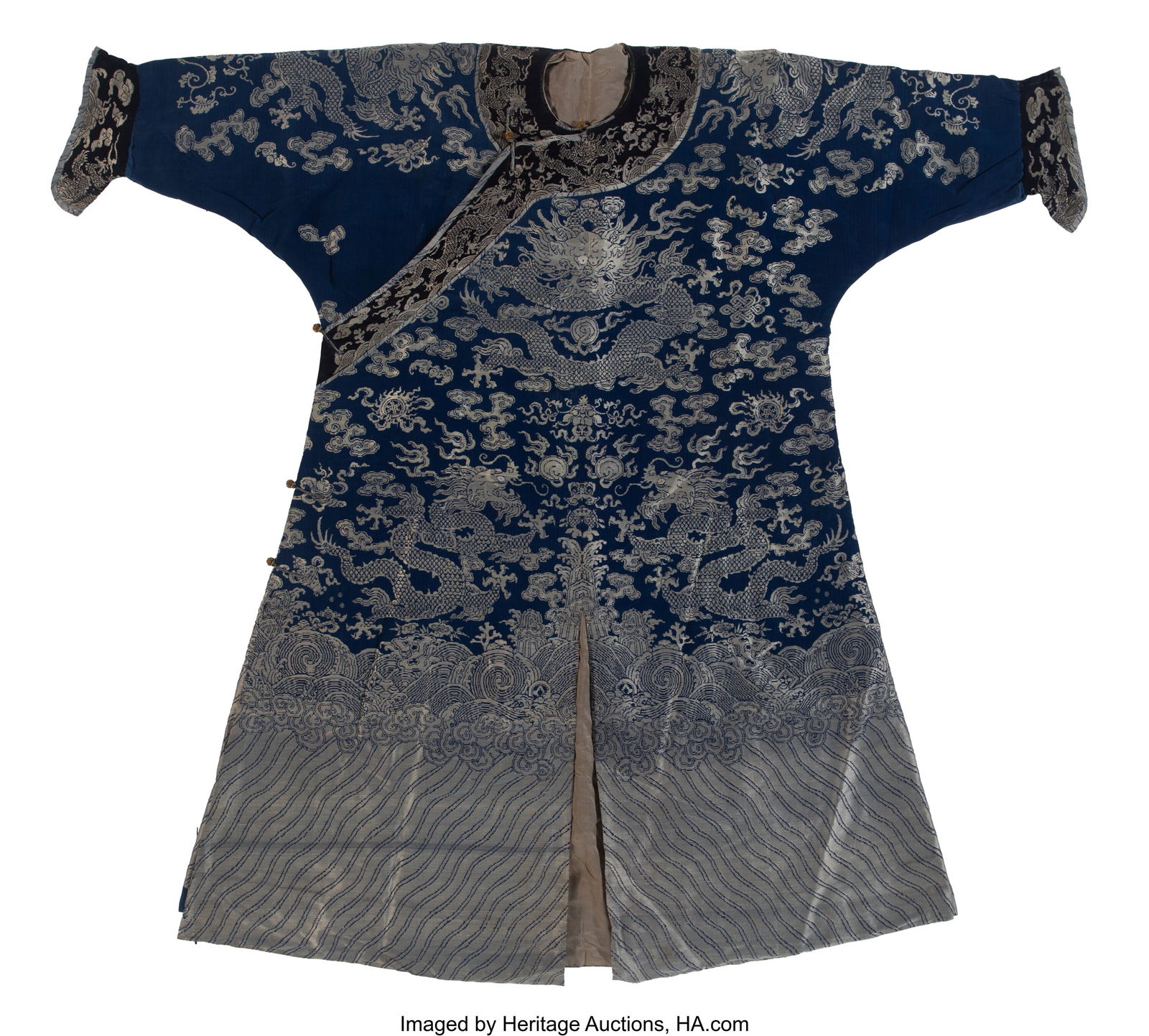 A Chinese Blue Silk Brocade Dragon Robe, Qing dy (1 of 2)