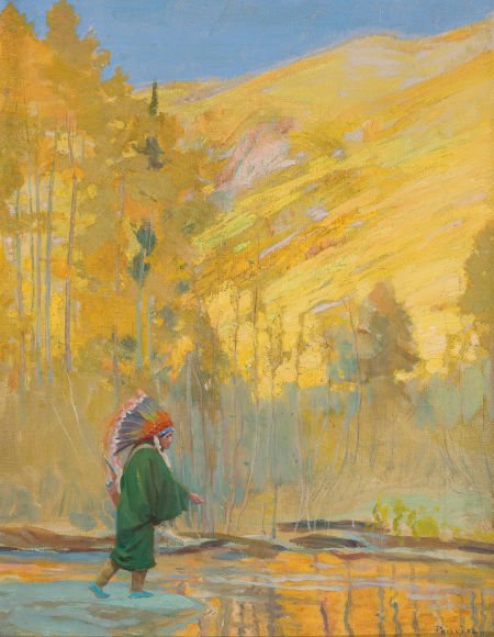 BERT GEER PHILLIPS (American, 1868-1956) Indian: BERT GEER PHILLIPS (American, 1868-1956)Indian AspensOil on canvas 18 x