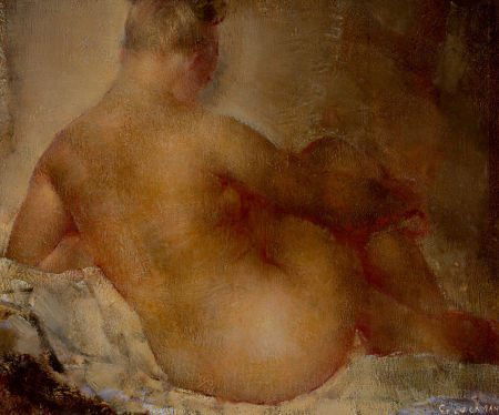 GRIGORY GLUCKMANN (Russian, 1898-1973) Boudoir O: GRIGORY GLUCKMANN (Russian, 1898-1973)BoudoirOil on wood panel5-3/4 x 7