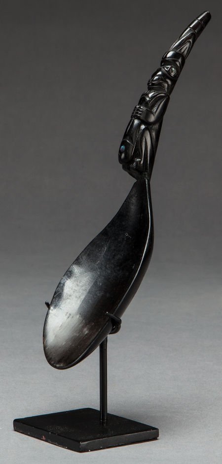 A NORTHWEST COAST CARVED GOAT HORN SPOON c. 1890: A NORTHWEST COAST CARVED GOAT HORN SPOON c. 1890 with oval bowl tapering to a slightly