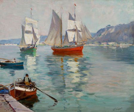 ANTHONY THIEME (American, 1888-1954) Boats off t: ANTHONY THIEME (American, 1888-1954)Boats off the CoastOil on canvas laid o