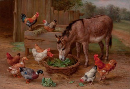 EDGAR HUNT (British, 1876-1953) Feeding Time in: EDGAR HUNT (British, 1876-1953)Feeding Time in the Farmyard, 1935Oil on can