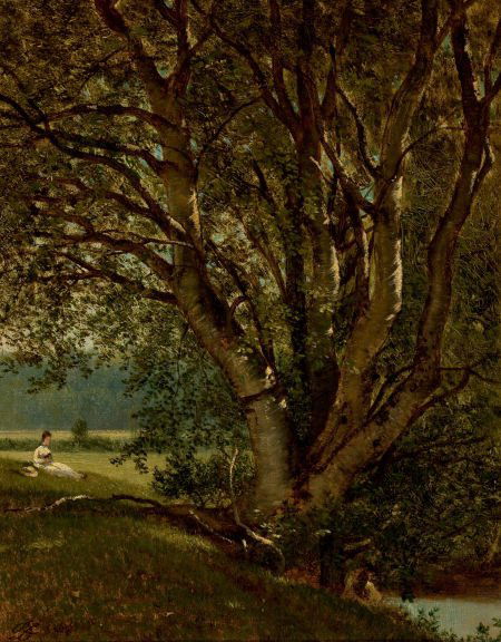 DAVID JOHNSON (American, 1827-1908) Woman Seated: DAVID JOHNSON (American, 1827-1908)Woman Seated by a Stream (Study), 1889Oi