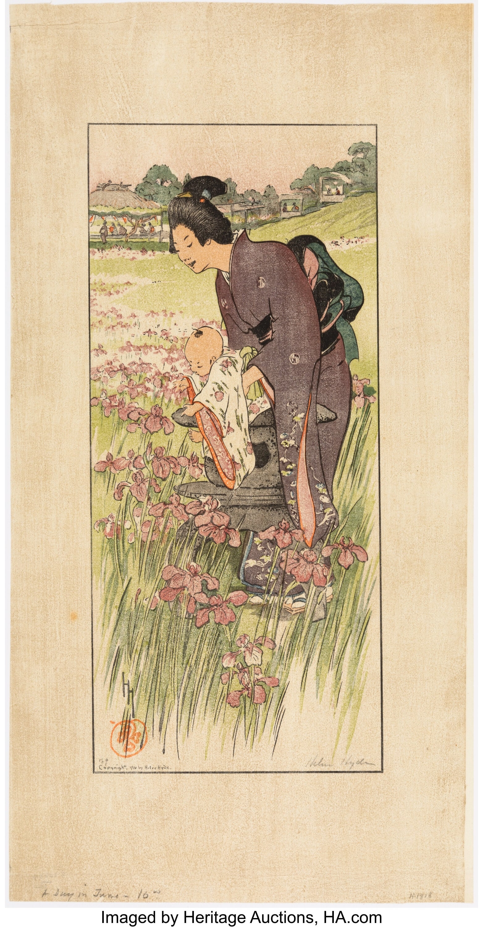 Helen Hyde (American, 1868-1919) A Day in June;: Helen Hyde (American, 1868-1919) A Day in June; The Mirror (two works), 1910; 1904 Woodblock print 20-1/4 x 10-5/8 inches (51.4 x 27&perio