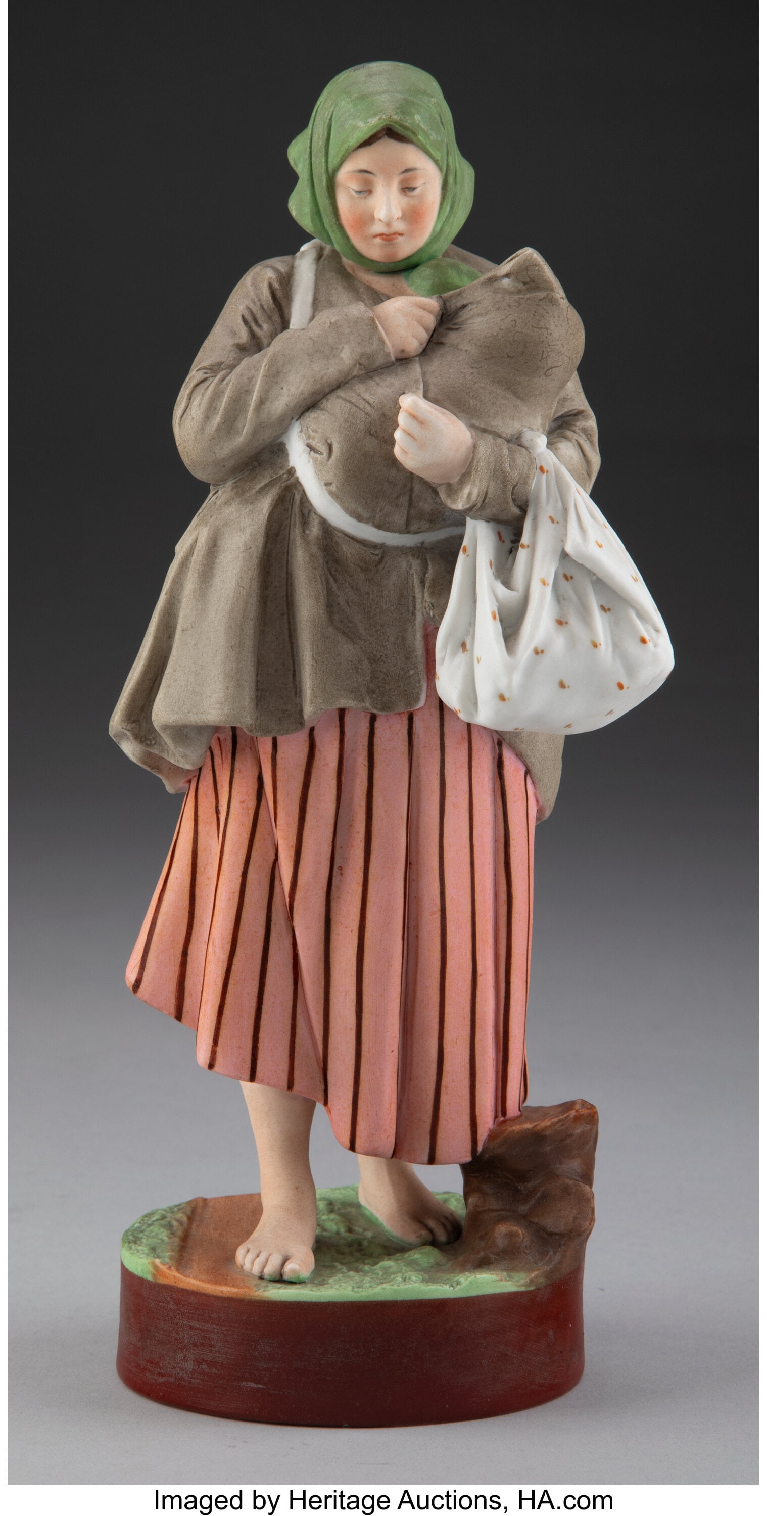 A Gardner Porcelain Factory Figural Group: Cruel: A Gardner Porcelain Factory Figural Group: Cruel Fate, Verbilki, 19th century Marks: (red underglaze Gardner factory mark), (red underglaze 62), (impressed factory mark), (impressed Cyrillic text) 9-1