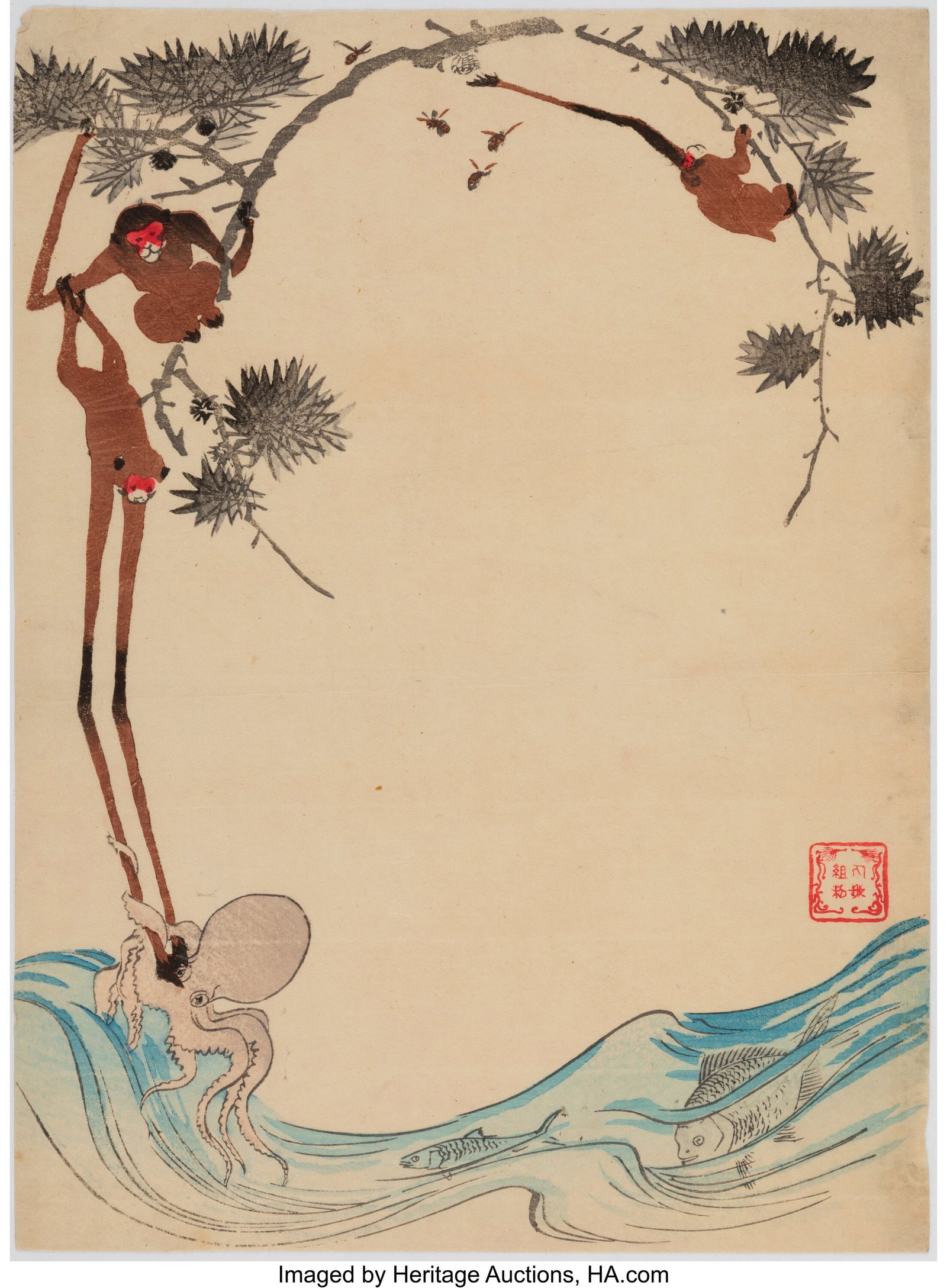 Japanese School (19th/20th Century) Paper-Monkey: Japanese School (19th/20th Century) Paper-Monkeys Playing with Octopus; Butterfly & Flowers (two works), circa 1875; 1930 Woodblock prints 13-3/8 x 10 i