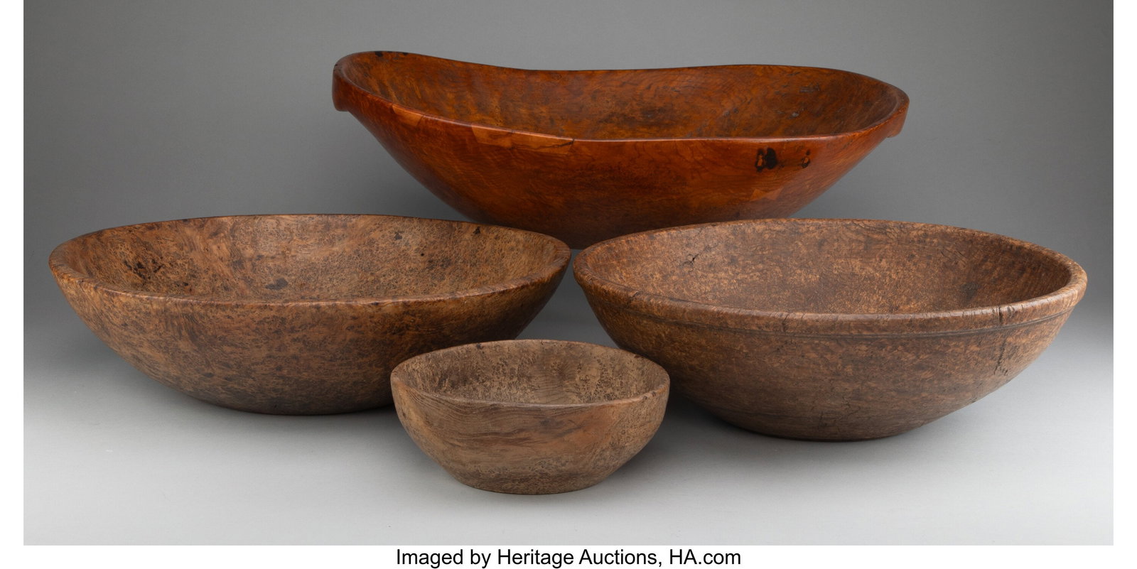 Four American Burl Wood Bowls, 19th century 6-1/: Four American Burl Wood Bowls, 19th century 6-1/4 x 22 x 18-1/4 inches (15.9 x 55.9 x 46.4 cm) (largest) Property from the Nelkin Collection HID0