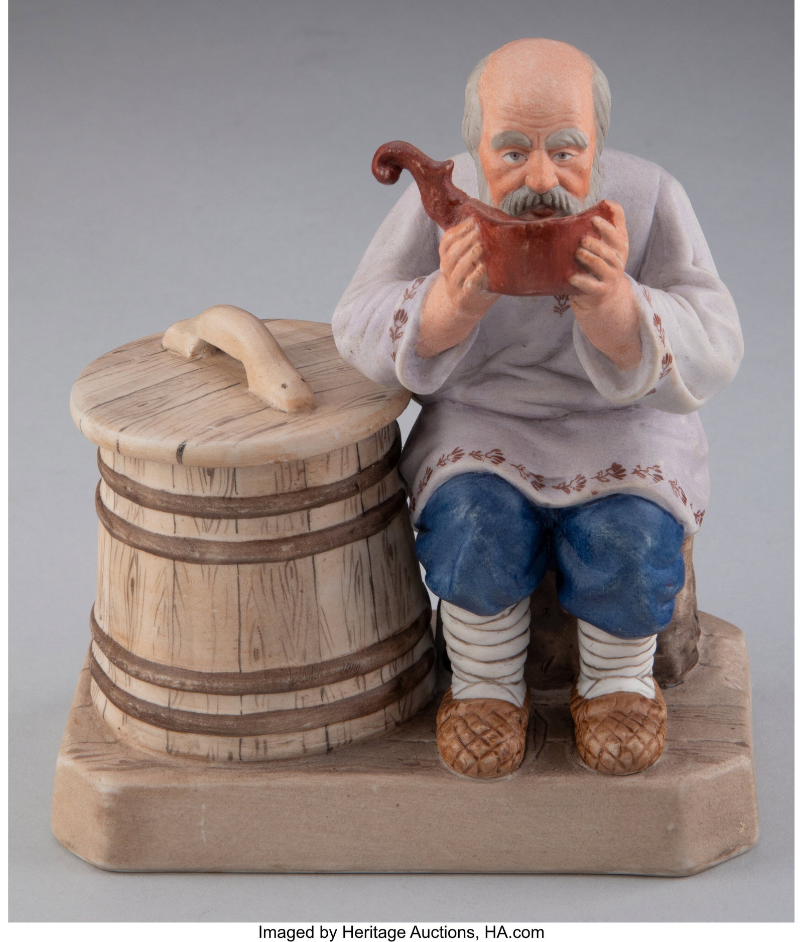 A Gardner Porcelain Factory Figure: A Man Drinki: A Gardner Porcelain Factory Figure: A Man Drinking Water, Verbilki, 19th century Marks: (impressed factory mark, 34), (red factory mark), 1626 5-1/4 x 5-3/4 x 3-1/4 inches (13.3 x 14.6 x 8.3 cm) Prope