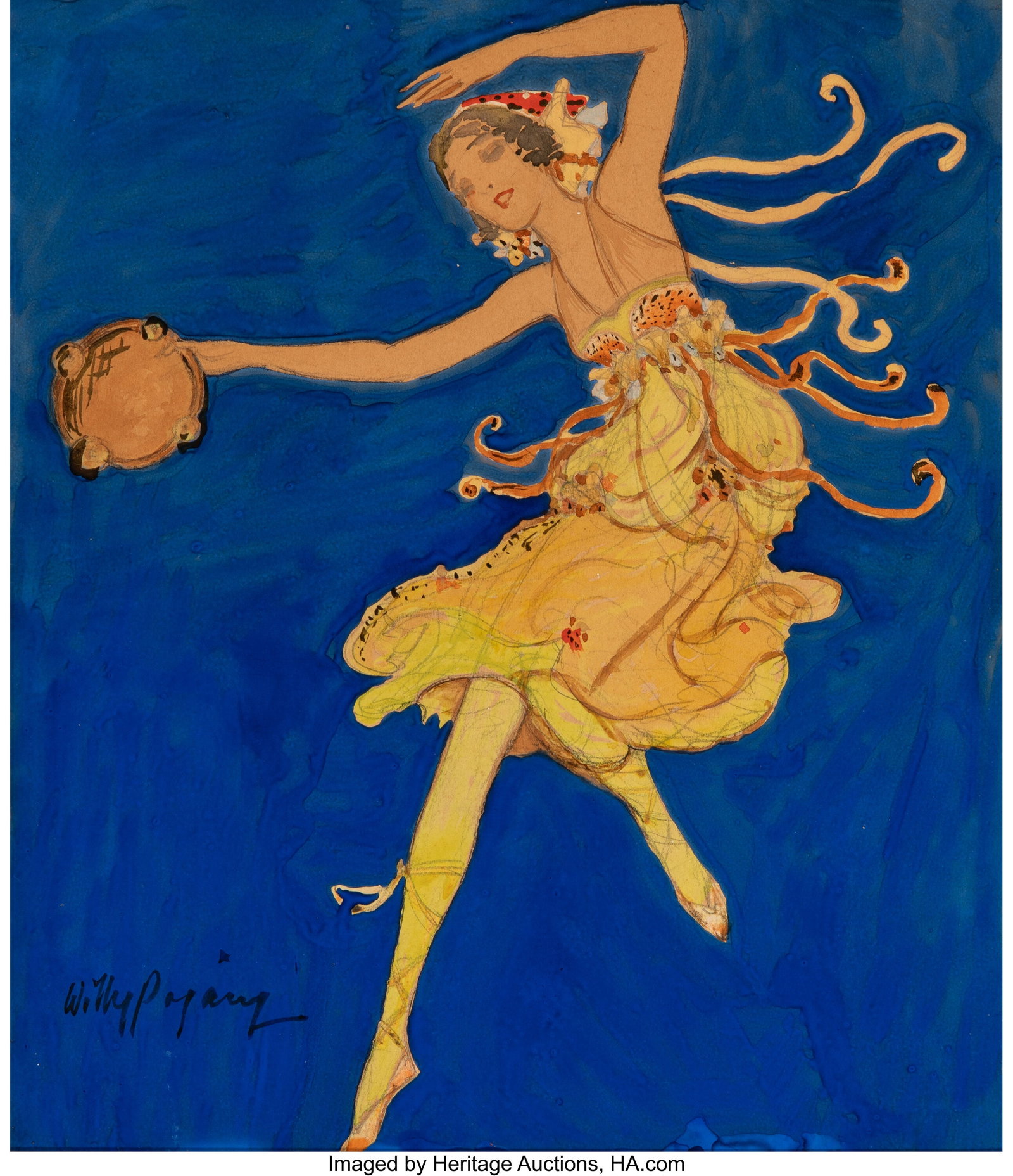 Willy Pogany (Hungarian/American, 1882-1955) Dan: Willy Pogany (Hungarian/American, 1882-1955) Dancer with Tambourine Gouache, watercolor, and pencil on board 13-3/4 x 11-3/4 inches (34.9 x 29&perio