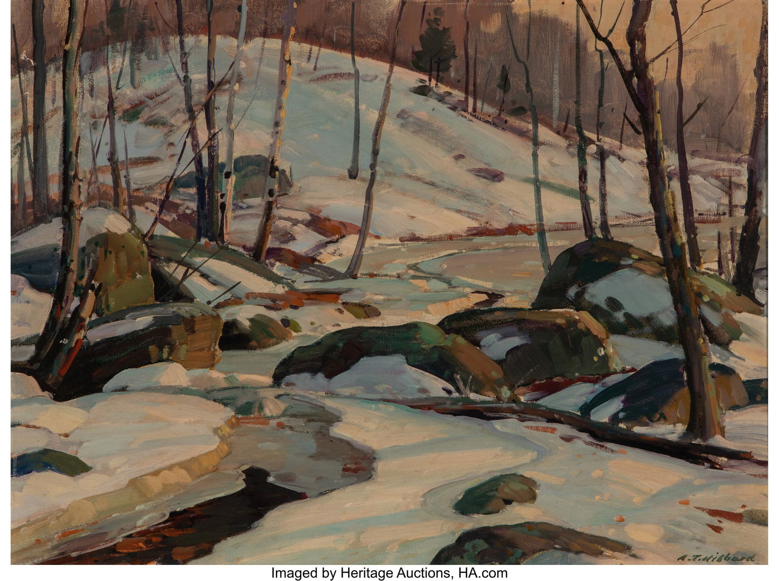Aldro Thompson Hibbard (American, 1886-1972) Mor: Aldro Thompson Hibbard (American, 1886-1972) Morning, South Woods Oil on canvas laid on board 18 x 24 inches (45.7 x 61.0 cm) Signed lower right: A&