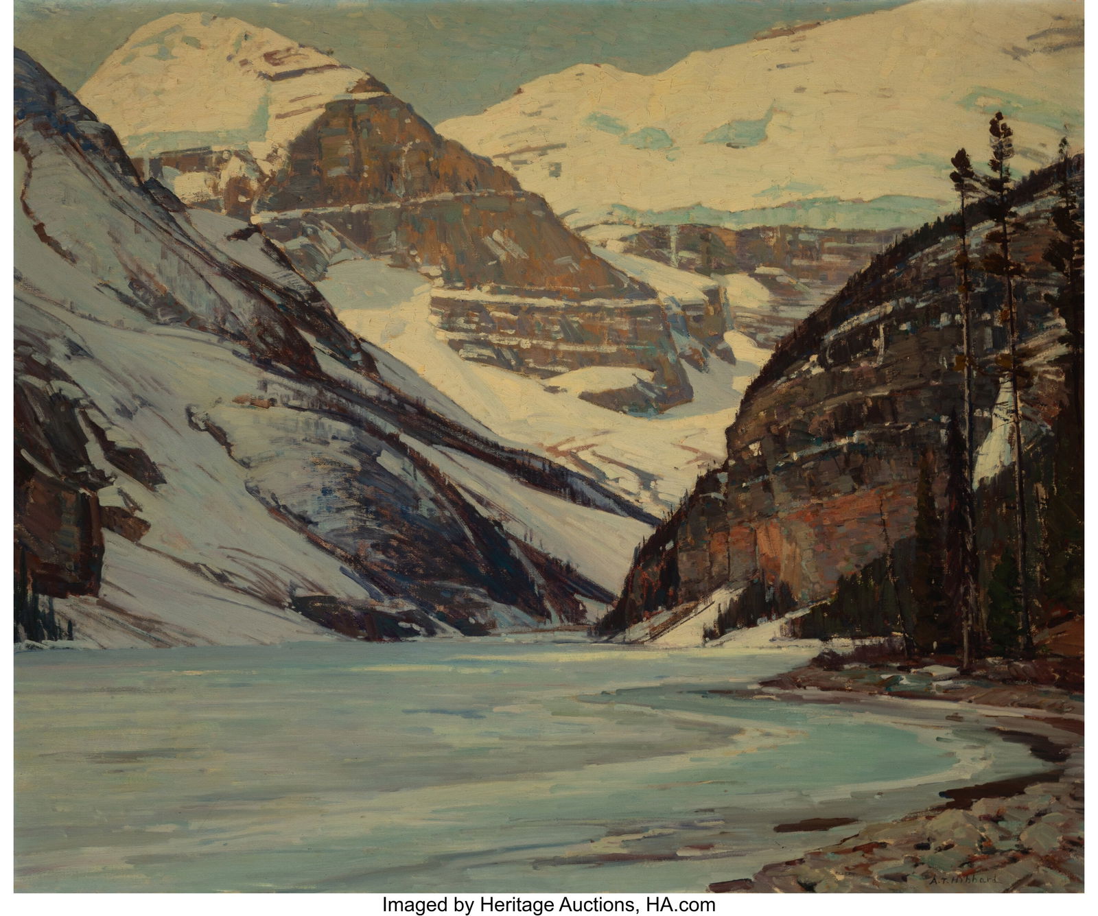 Aldro Thompson Hibbard (American, 1886-1972) Sno: Aldro Thompson Hibbard (American, 1886-1972) Snowy Mountains and Lake Scene Oil on canvas 30 x 36 inches (76.2 x 91.4 cm) Signed lower right: A.T&p