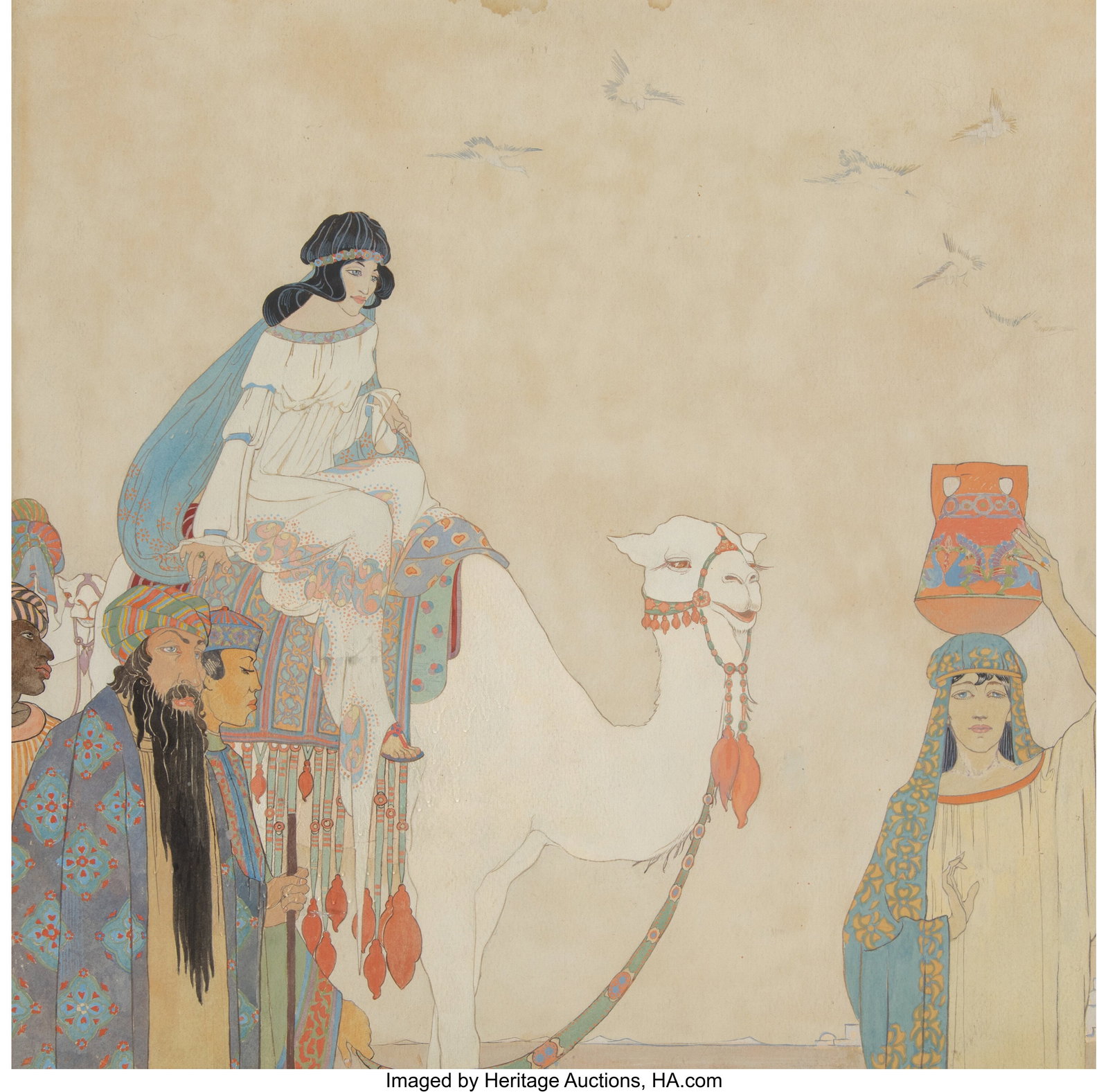 J. Nina Miller (British, 20th Century) Woman Rid: J. Nina Miller (British, 20th Century) Woman Riding a Camel, 1919 Watercolor on paper 17-1/2 x 18 inches (44.5 x 45.7 cm) (sight) Signed and dated upper left: J NINA MILLER 1919 EXHIBITED: Christie's,