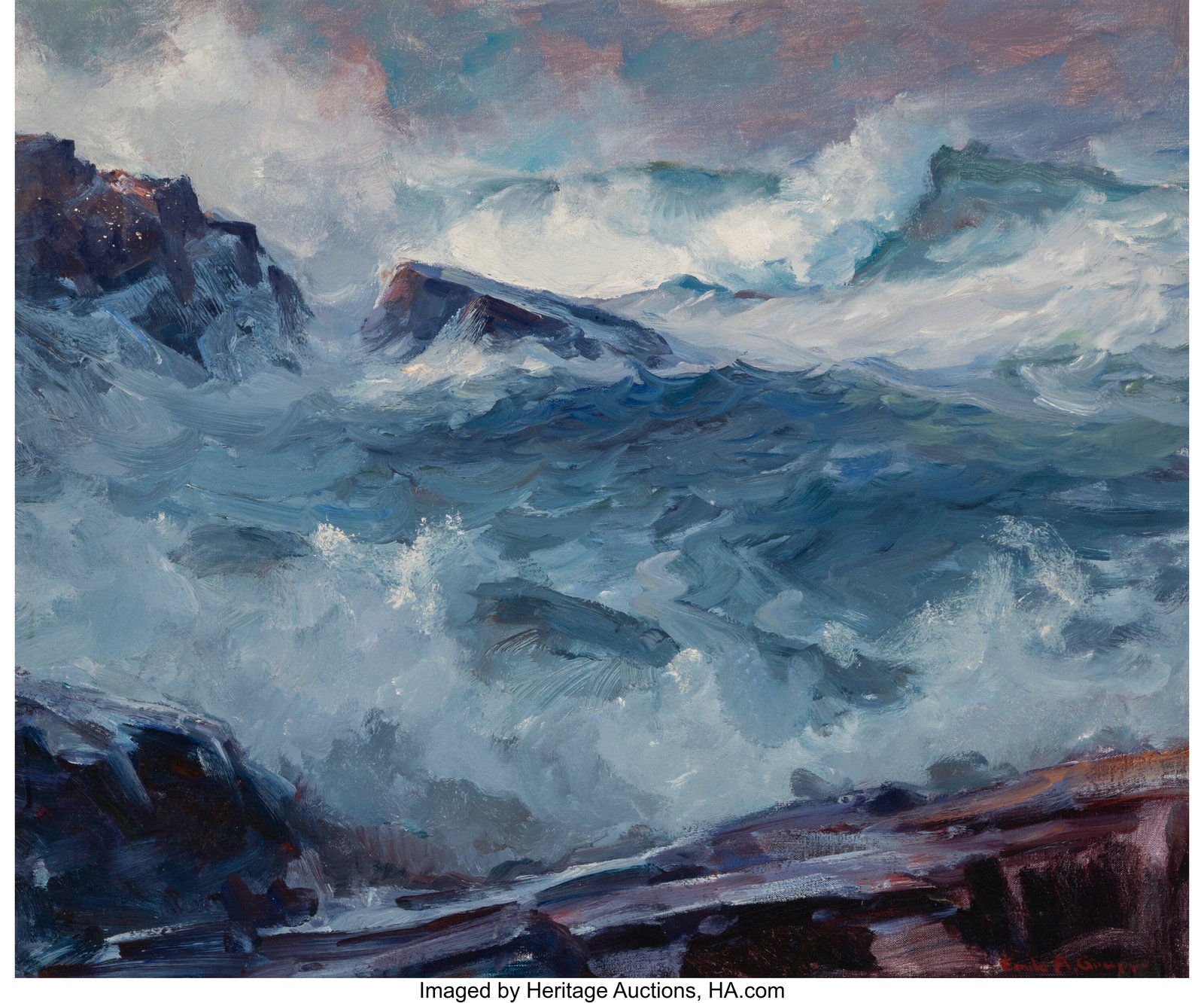 Emile Albert Gruppe (American, 1896-1978) Bass R: Emile Albert Gruppe (American, 1896-1978) Bass Rock, 1967 Oil on canvas 30 x 36 inches (76.2 x 91.4 cm) Signed lower right: Emile A. Gruppe S