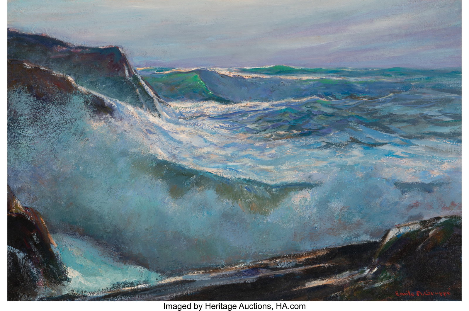 Emile Albert Gruppe (American, 1896-1978) Shorel: Emile Albert Gruppe (American, 1896-1978) Shoreline Waves Oil on canvas 24 x 36 inches (61.0 x 91.4 cm) Signed lower right: Emile A. Gruppe PROVENA