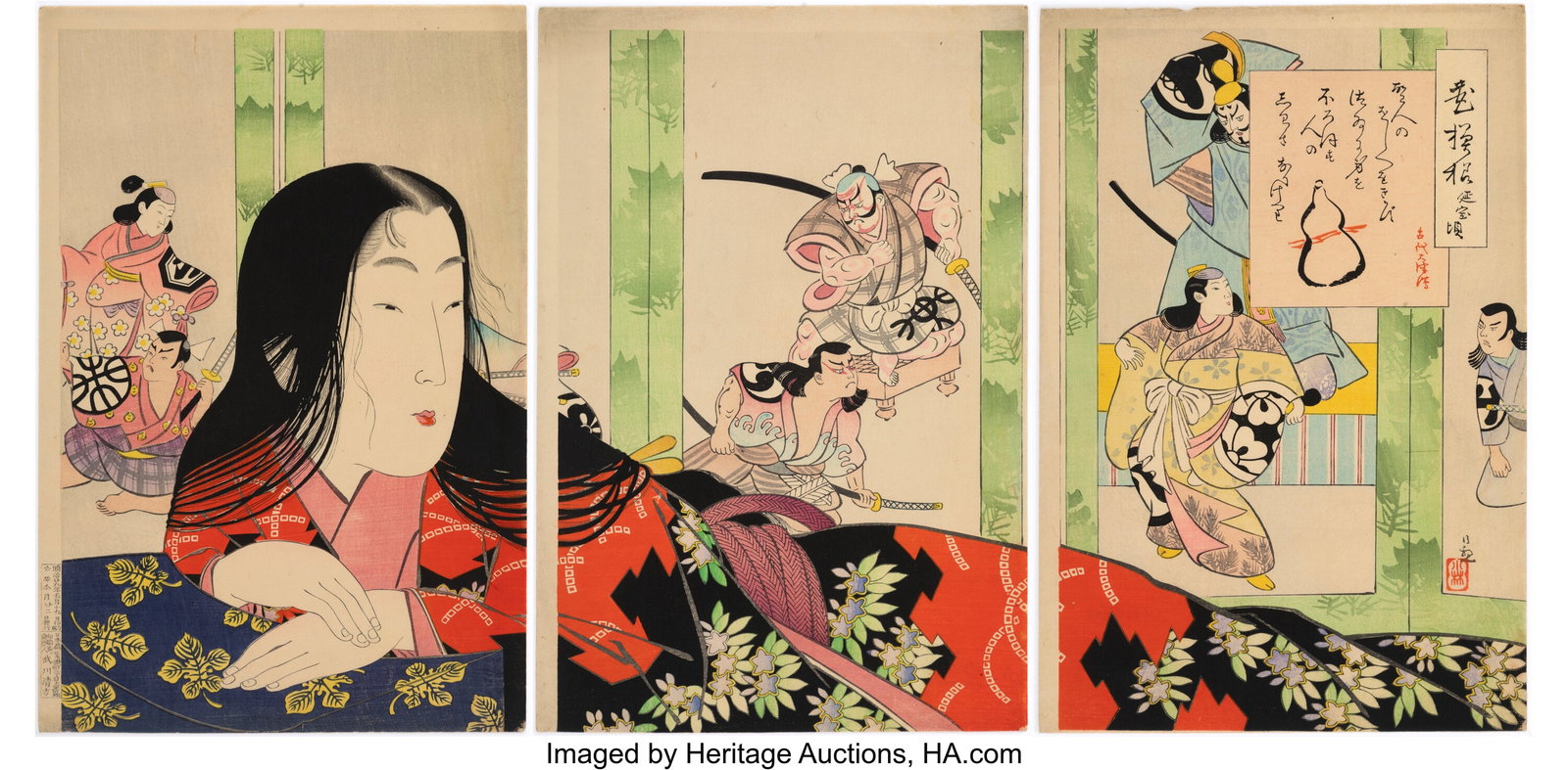 Kobayashi Kiyochika (Japanese, 1847-1915) Beauty: Kobayashi Kiyochika (Japanese, 1847-1915) Beauty of the Enpo Era, from the series Flower Patterns (triptych), circa 1895 Woodblock print 14-3/4 x 9-7/8 in