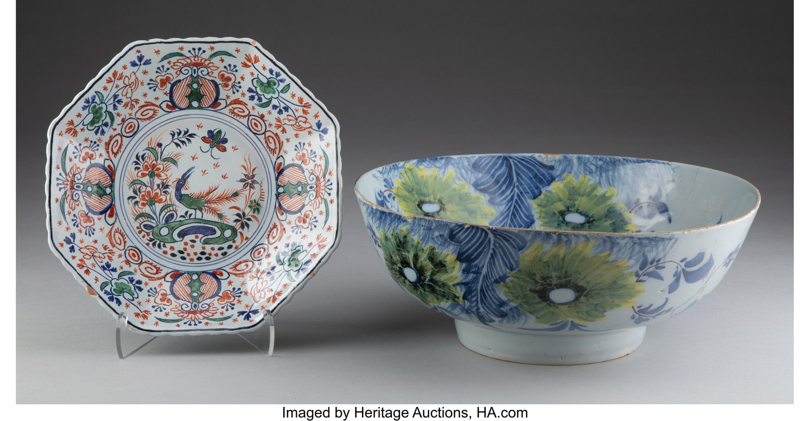 Two Continental Delft Bowls, 18th century Marks: Two Continental Delft Bowls, 18th century Marks to octagonal bowl: (maker's mark) 3-1/2 x 10-1/4 inches (8.9 x 26.0 cm) (largest) PROVEN