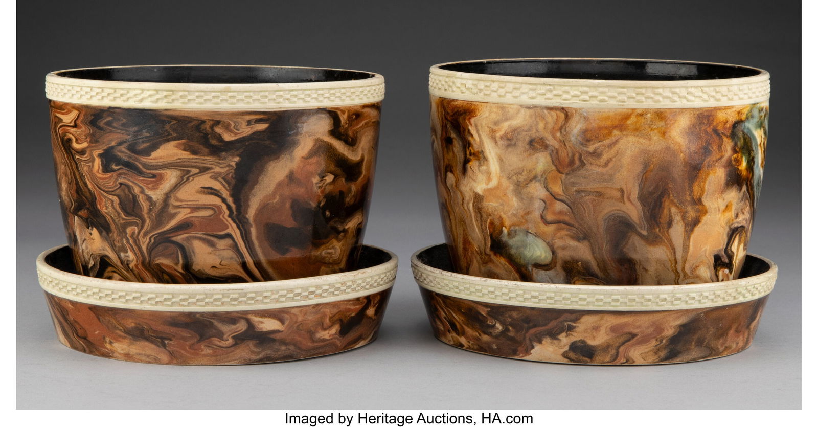 A Pair of Wedgwood & Bentley Surface Agate Cache: A Pair of Wedgwood & Bentley Surface Agate Cache Pots and Stands, circa 1775 Marks: WEDGWOOD & BENTLEY 4-3/8 x 5-3/4 inches (11.0 x 14.6 cm) (c