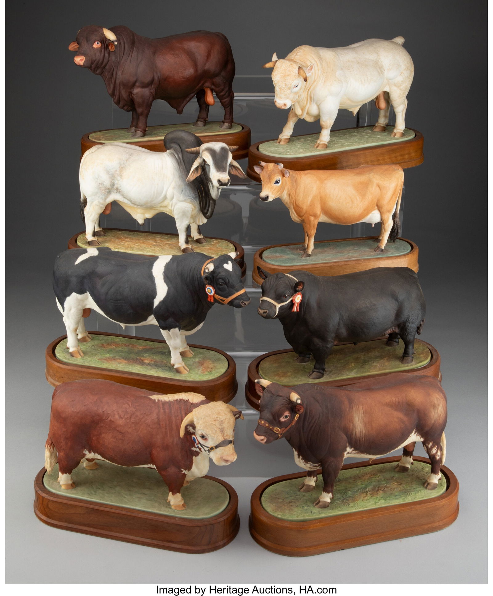 A Group of Eight Royal Worcester Porcelain Bull: A Group of Eight Royal Worcester Porcelain Bull and Cow Figurines, 1959-1968 Modeled by Doris Lindner Marks: (Royal Worcester mark) 9 x 10-1/2 x 5-1/2 inches (22&per