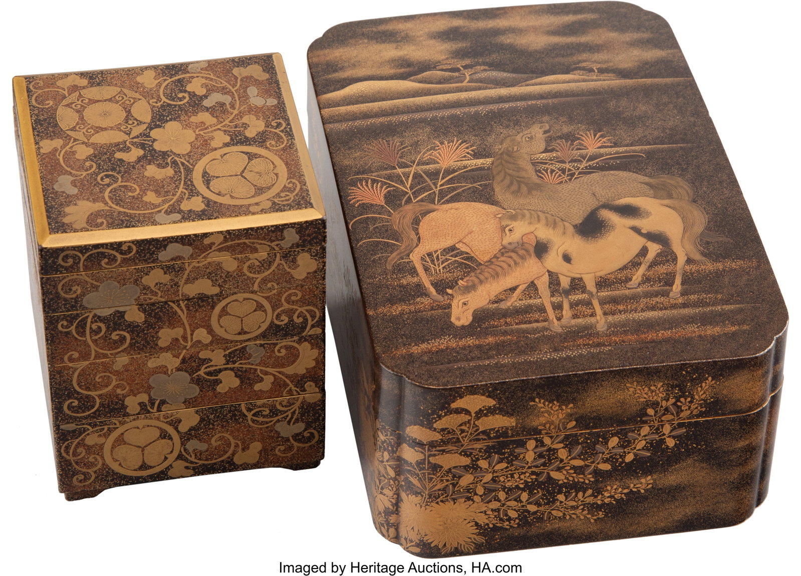 Two Japanese Lacquer Boxes Marks to smallest: (r: Two Japanese Lacquer Boxes Marks to smallest: (red seal), (three-character marks) 3 x 2-3/8 inches (7.6 x 6.0 cm) (tallest) Proper