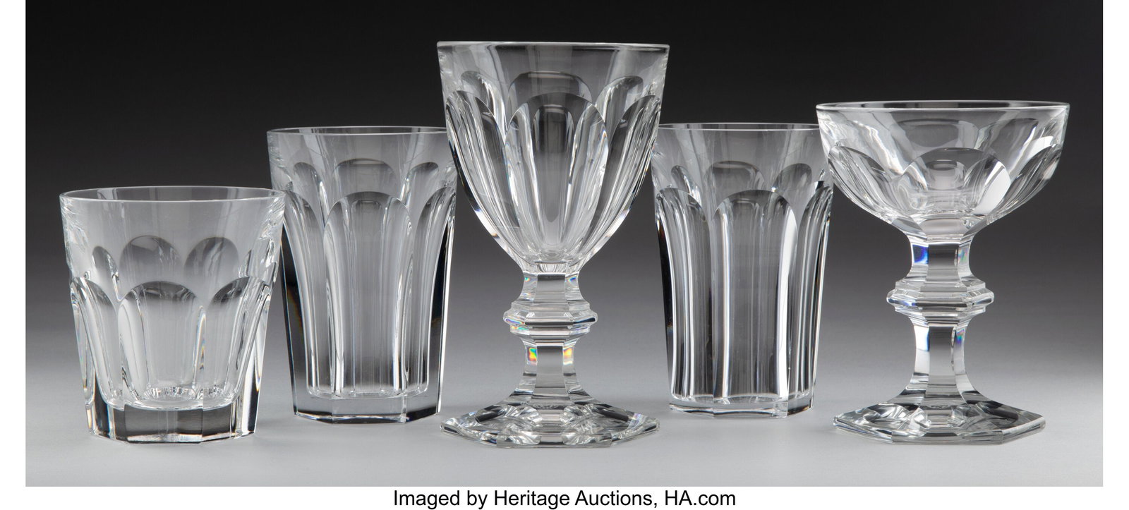 A Forty-One-Piece Baccarat Harcourt Pattern Glas: A Forty-One-Piece Baccarat Harcourt Pattern Glass Partial Stemware Service, 20th century Marks: BACCARAT, (goblet-decanter-cup), FRANCE 6-1/8 x 3-5/8 inches &