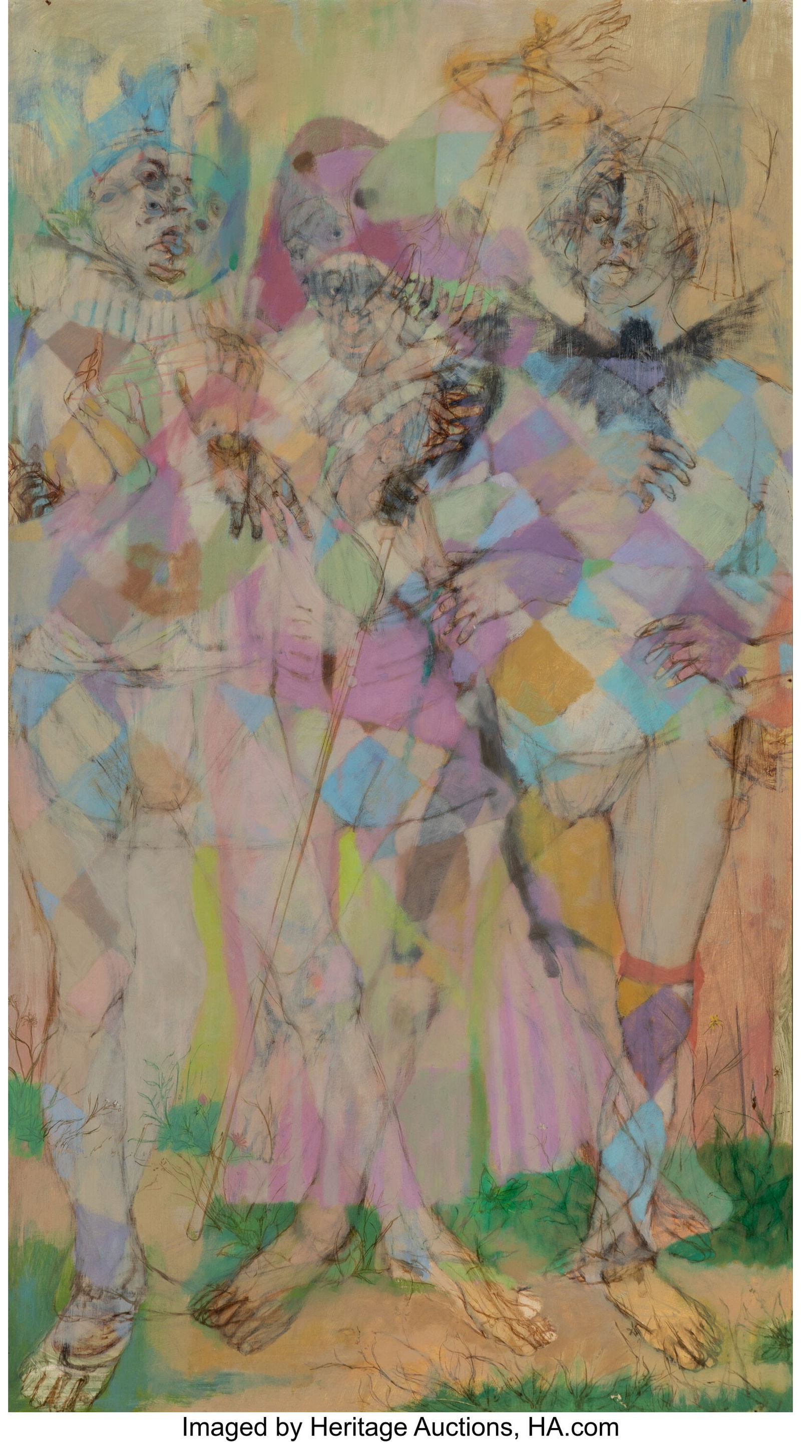 Bernard Riley (American, 1920) Harlequin with a: Bernard Riley (American, 1920) Harlequin with a Brass Bell, 1965 Oil on Masonite 42-1/2 x 24 inches (108.0 x 61.0 cm) Signed, dated, and t