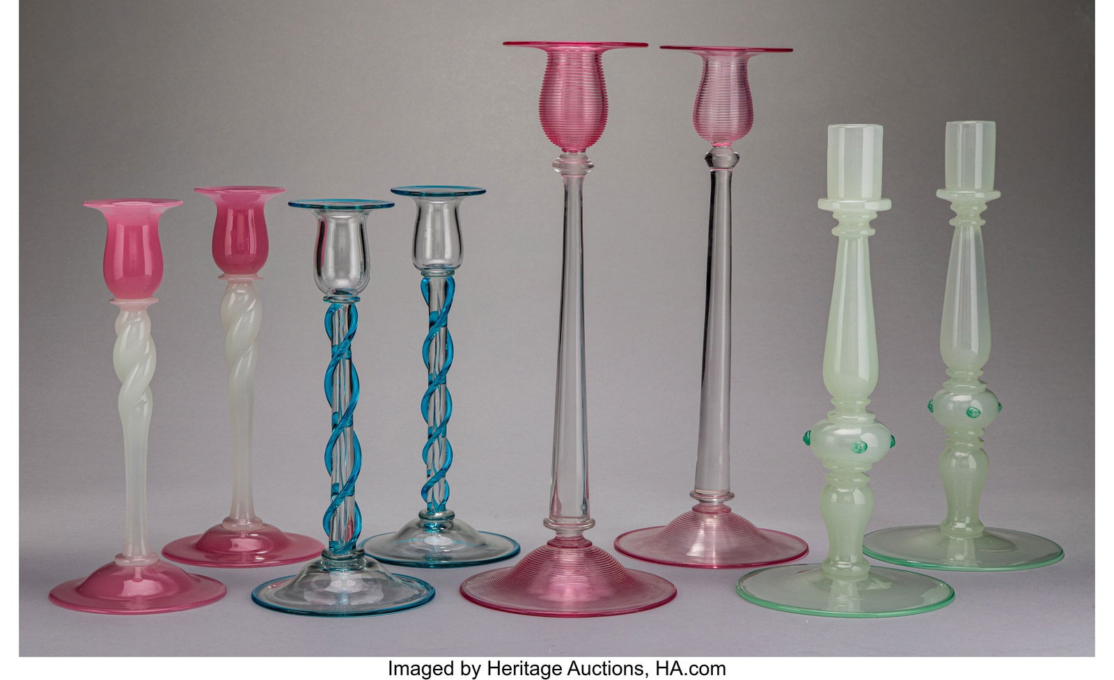 Four Pairs of Steuben Glass Candlesticks, early: Four Pairs of Steuben Glass Candlesticks, early 20th century Marks to two: STEUBEN (fleur de lis) 14 x 5-1/2 inches (35.6 x 14.0 cm) (tallest&rpa