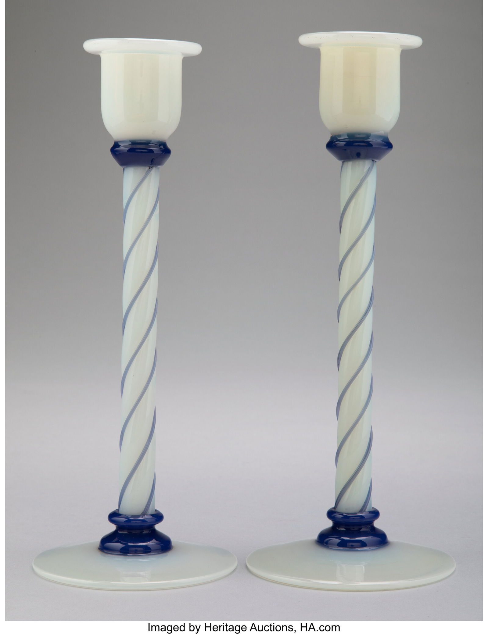 A Pair of Fry Foval Glass Candlesticks, circa 19: A Pair of Fry Foval Glass Candlesticks, circa 1922 9-7/8 x 3-7/8 inches (25.1 x 9.8 cm) (each) Property from the Nelkin Collection HID03101062020 ©