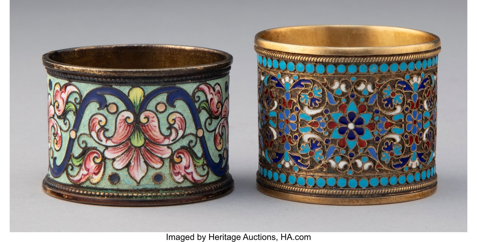 Two Russian Cloisonné Enameled Gilt Silver Napk: Two Russian Cloisonné Enameled Gilt Silver Napkin Rings, St. Petersburg, late 19th century Marks: (84 zolotnik standard), (effaced maker's mark&rpa