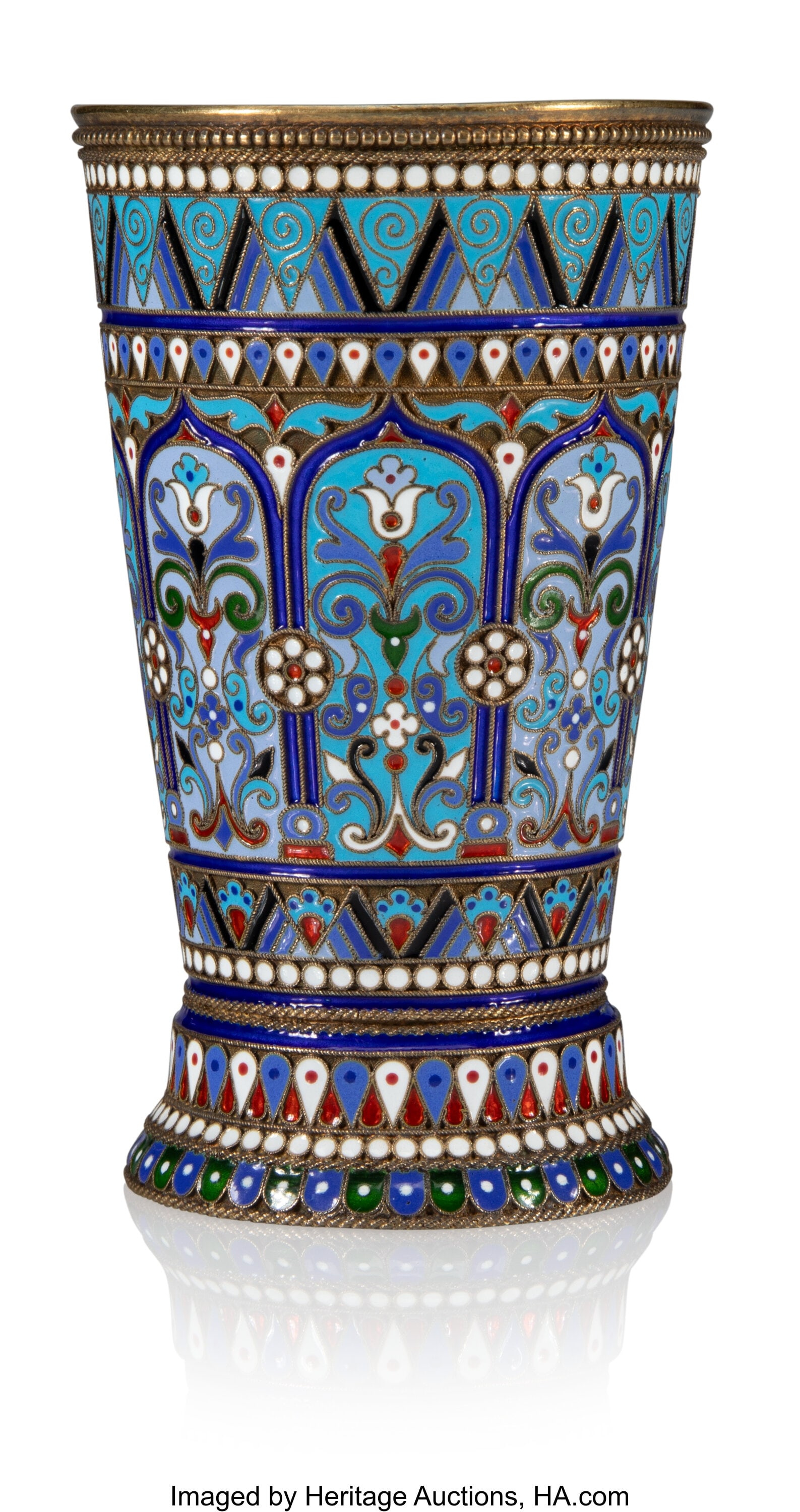 A Russian-Style Cloisonné Enameled Gilt Silver: A Russian-Style Cloisonné Enameled Gilt Silver Beaker Marks: (spurious marks of Pavel Ovchinnikov with Imperial Warrant), (spurious assayer's mark 'AA 1894', 88