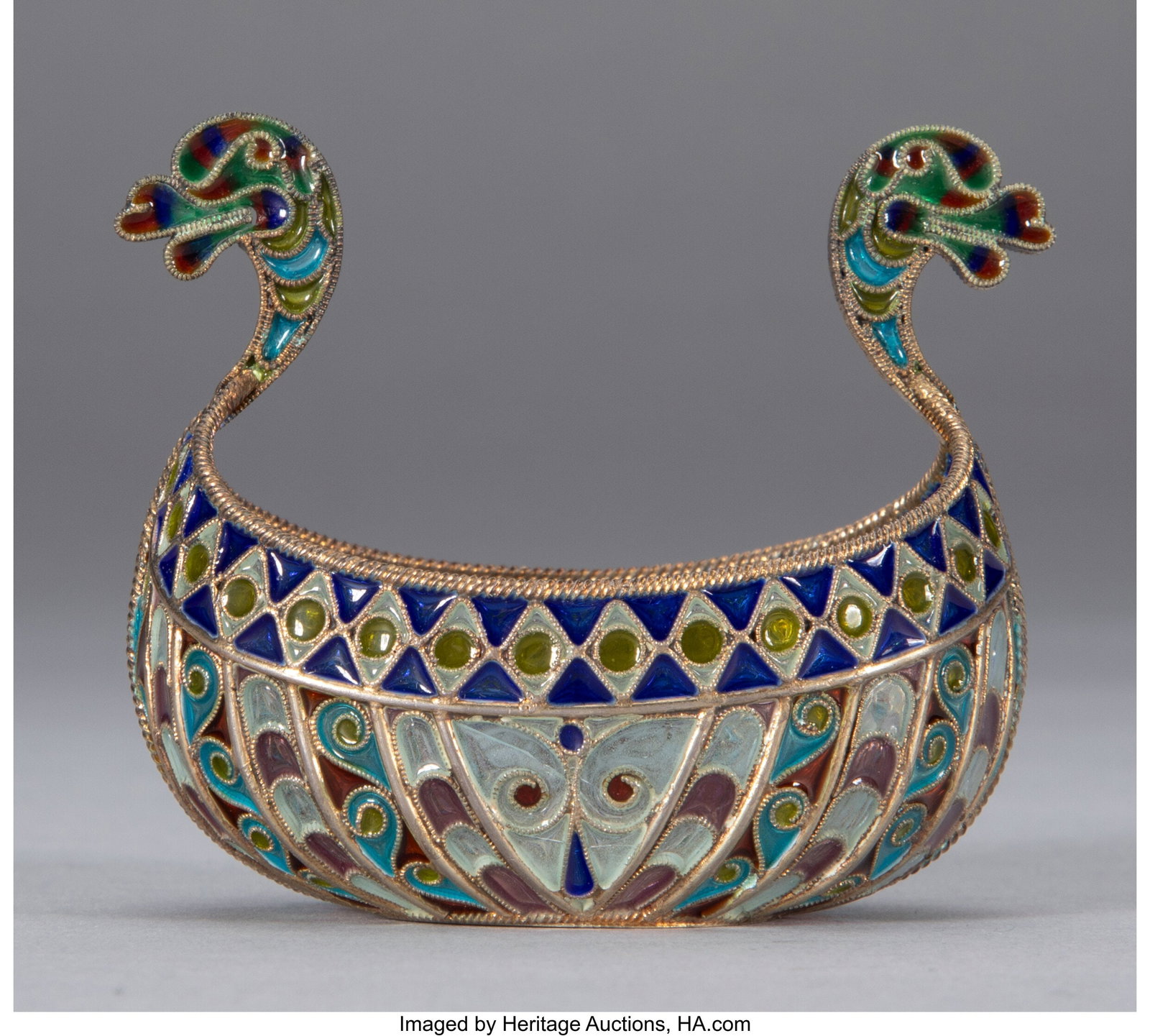 A Norwegian Plique-à-Jour Enameled Silver Boat-: A Norwegian Plique-à-Jour Enameled Silver Boat-Form Open Salt, early 20th century Marks: 925 2-3/8 x 2-3/4 x 1-7/8 inches (5.9 x 7.0 x 4.8 cm&r