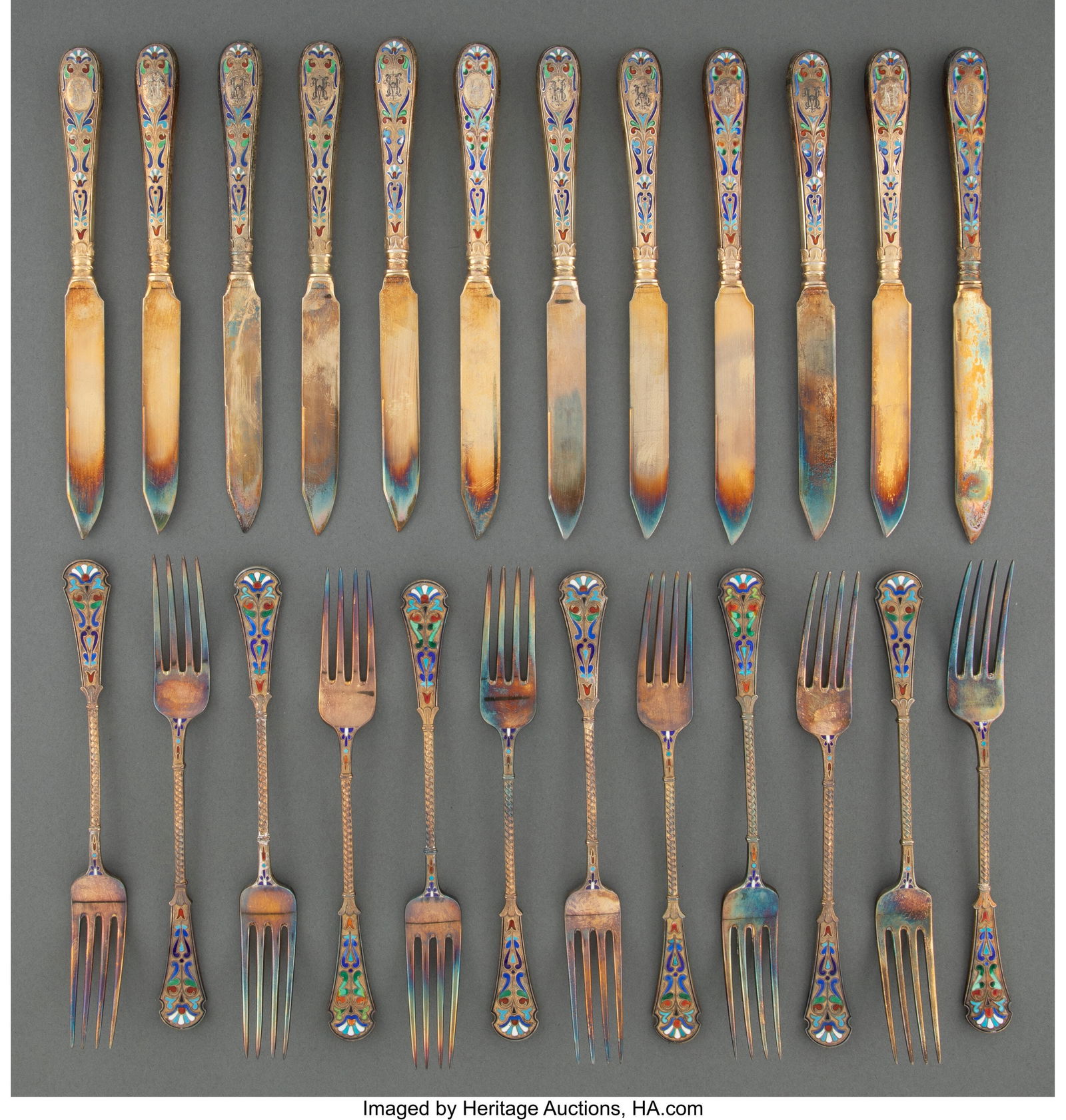 A Set of Norwegian David-Andersen Cloisonné Ena: A Set of Norwegian David-Andersen Cloisonné Enameled Gilt Silver Forks and Knives Accompanied by Fitted Cases, Oslo, Norway, circa 1900 Marks: 925, (maker's m